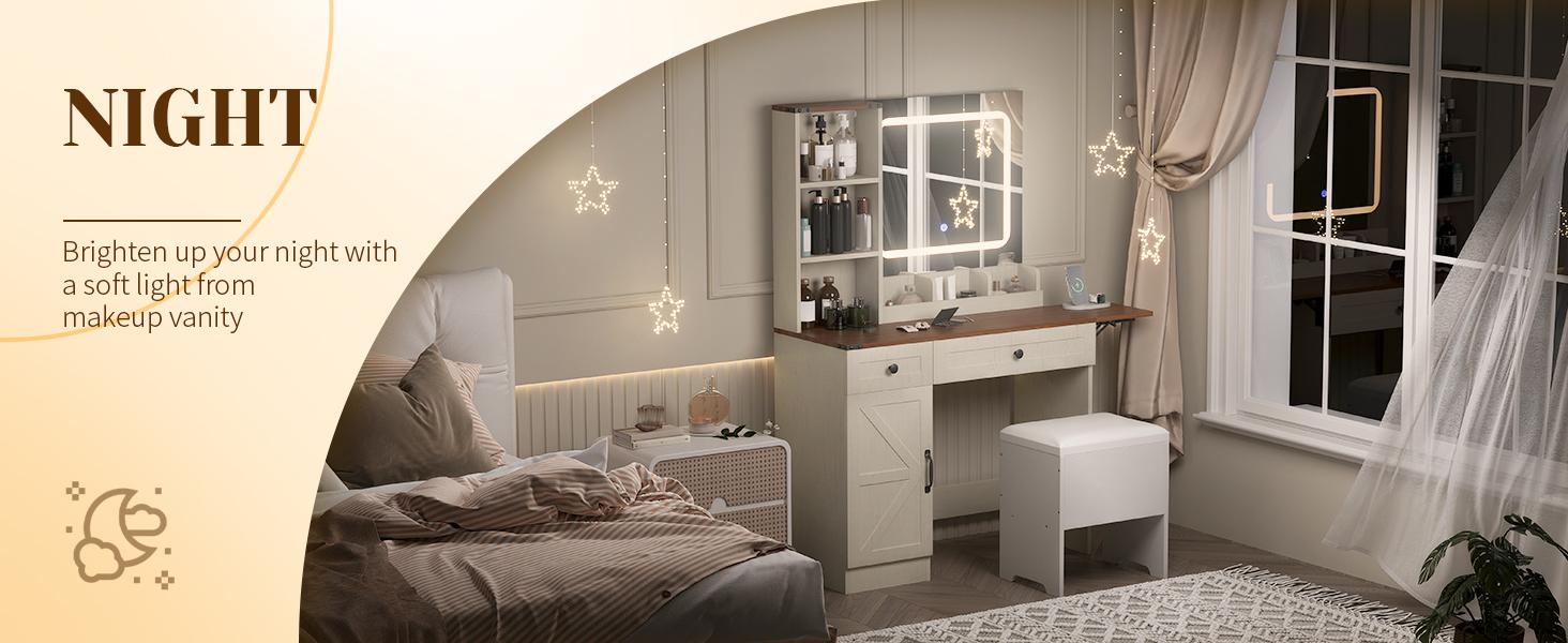 Modern Makeup Vanity Set with Adjustable LED Mirror,Vanity Desk with Stool, Dressing Table Set Furniture Organization