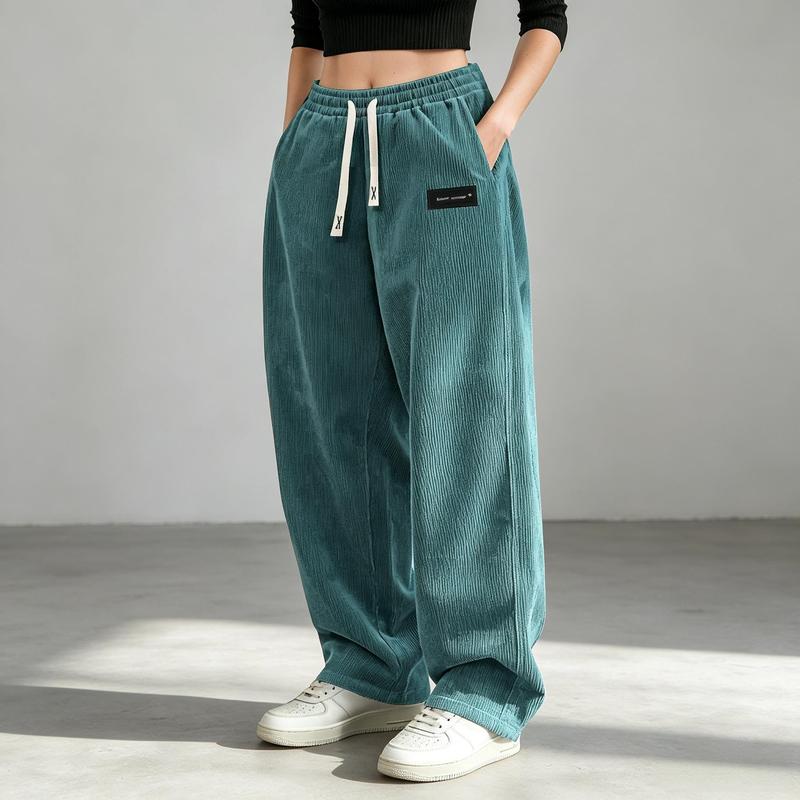 Women's Corduroy High Waisted Jogging Pants with Adjustable Drawstring and Deep Side Pockets, Suitable for All Season Casual Straight Leg Pants, Perfect for Shopping, Walking, Working From Home, and Campus