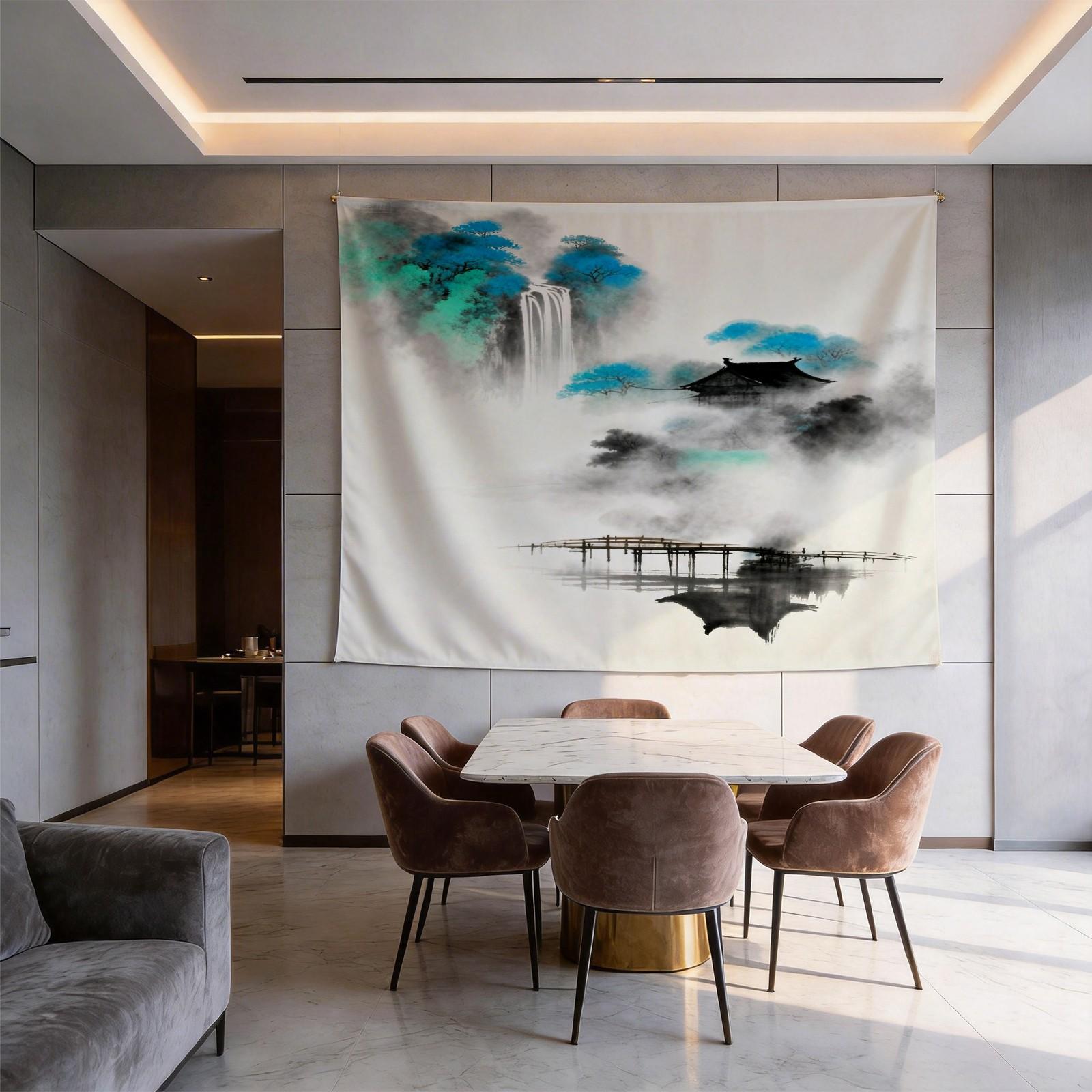 1 Piece Asian Ink Wash Mountain Landscape Printed Tapestry, Ink Wash Style Wall Hanging, HD Digital Print Living Room Bedroom Wall Tapestry, Fadeless Machine Washable Wall Decor, Multi-Purpose All-Season Tapestry for Living Room Bedroom