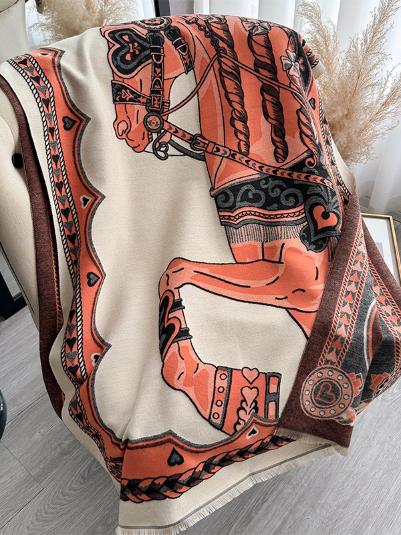 Boho-Style Horse-Pattern Scarf with Fringe-Trim, Casual Soft Warm Shawl for Fall and Winter, Fashion Accessory for Women & Girls