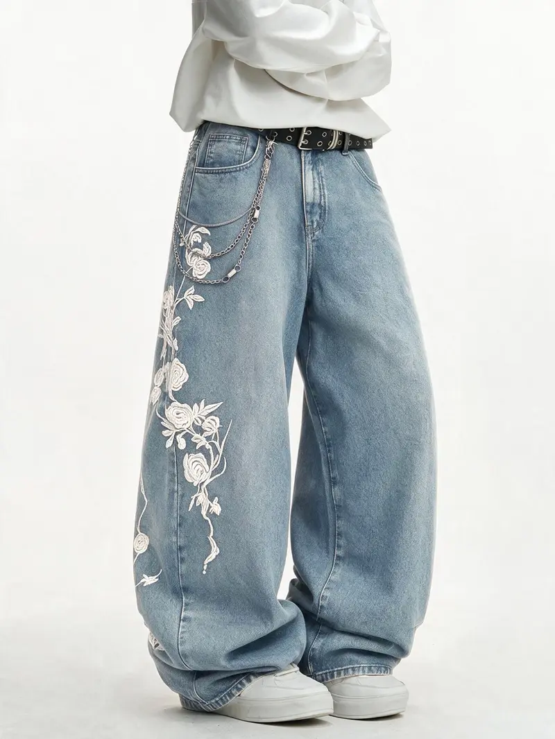 Men's Rose Embroidered Wide Leg Jeans, Vintage Washed Loose Fit Streetwear, Trendy Hip-Hop Long Pants, All Seasons Fashion