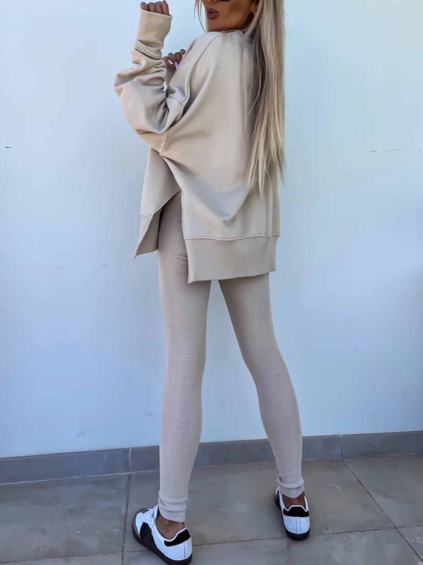 Women's Solid Drop Shoulder Split Hem Sporty Round Neck Sweatshirt & Pants Two-piece Set, Sweatsuit Matching Set, Casual Fashion Cozy Breathable Outfits for Daily Outdoor Wear, Ladies Sportswear for All Seasons