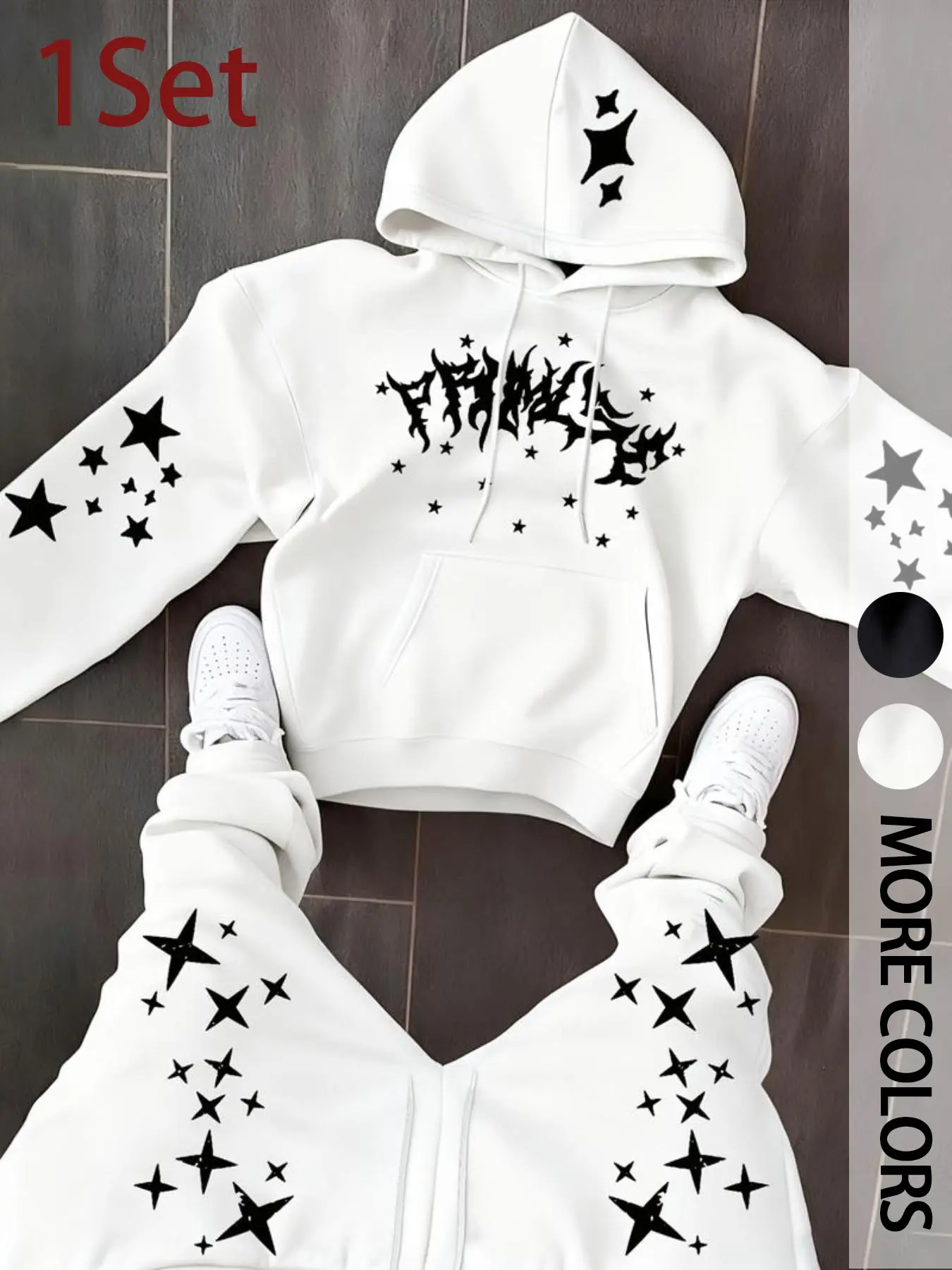 Y2K Gothic Punk Two-Piece Hoodie Set, Unisex Oversized Long Sleeve Hoodie & Sweatpants, Star Prints, Metallic Letter Graphic, Fall Winter