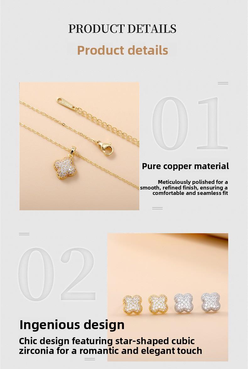 Shiny Pearl Copper Earrings and Necklace Set, Brushed Four-leaf Clover, Non-fading, Women's Light Luxury High-end Cross-border Jewelry