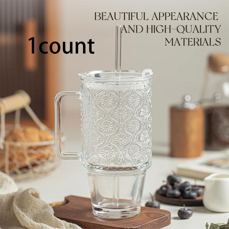 24oz Screw Top Glass Cup with Lid and Straw, Handle Water Bottle, Ice Coffee Mug, Reusable Transparent Drinkware for Smoothies and Beverages, Tumbler with Straw, Clear Water Bottle with Straw, Drink Container
