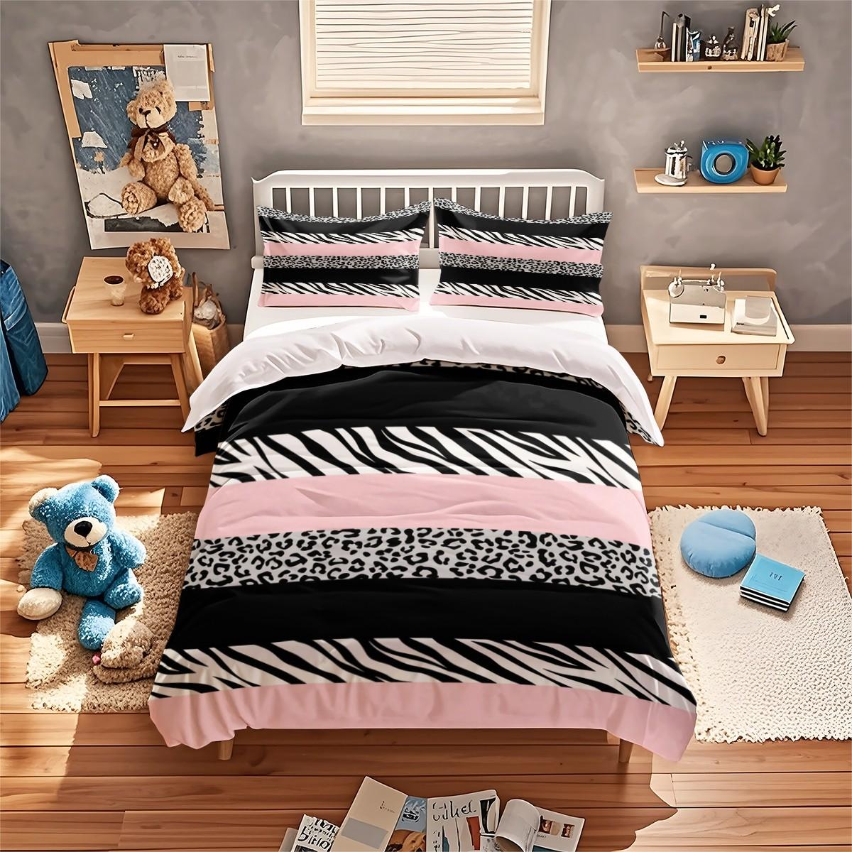 Zebra Leopard Print Bedding Set, Ultra Soft Breathable Duvet Cover, High Definition Digital Print, 100% Polyester, Includes Pillowcases, Bedroom Bedding Set