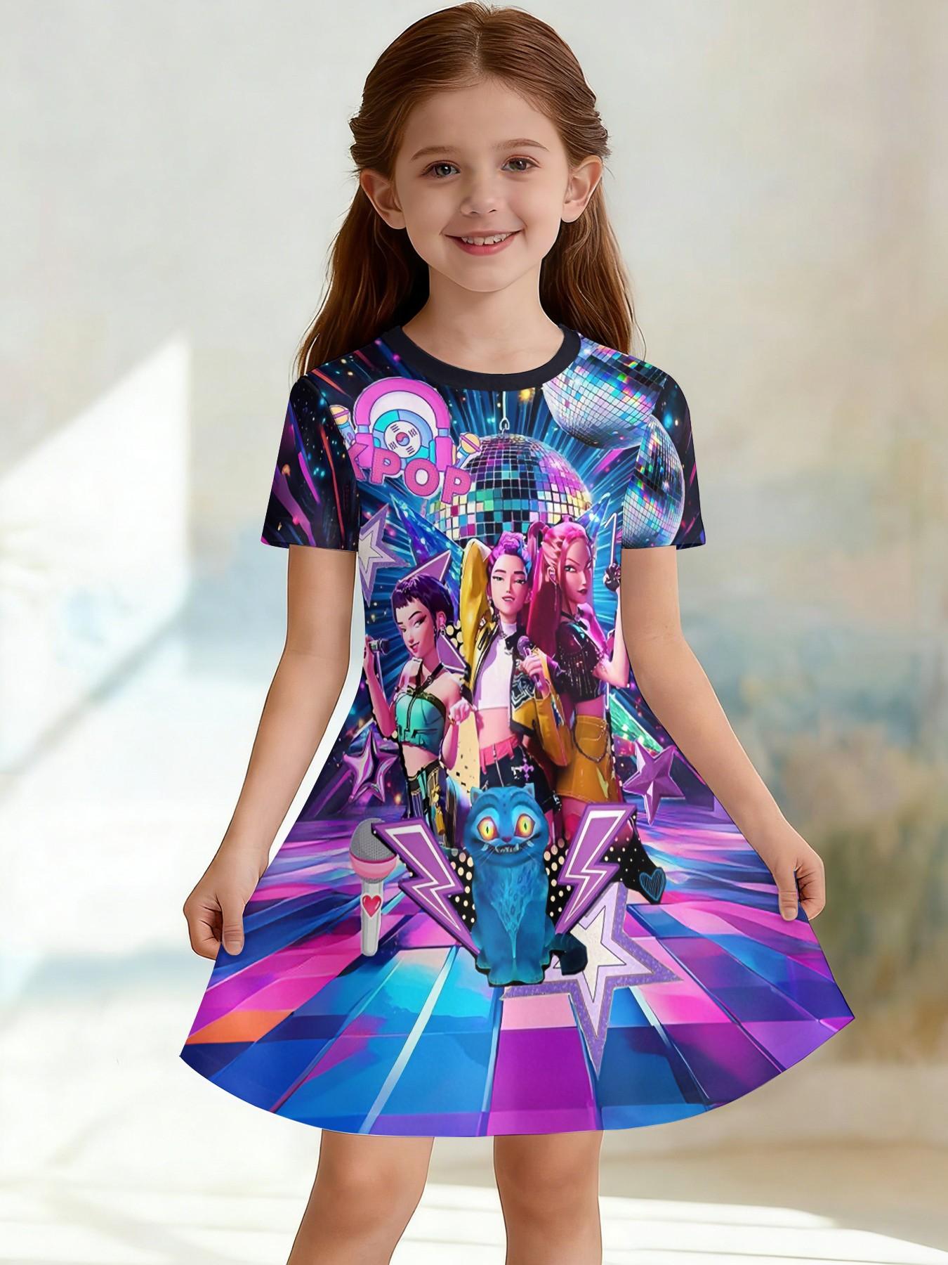 K-Pop Demon Hunters Disco Print A-Line Dress for Girls, Casual Short Sleeve Skirt, Fashion Outdoor Wear, Birthday and Holiday Gift