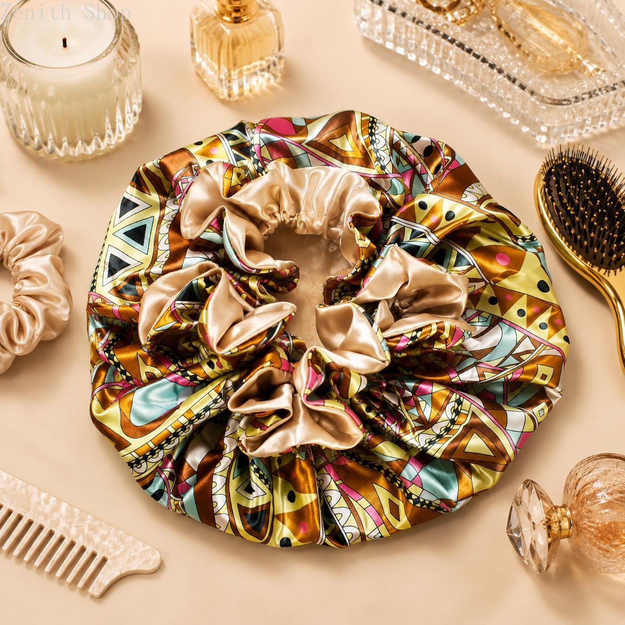 Double‑Layer Floral Print Sleep Bonnet, Lightweight Polyester Hair Protection Cap for Home Travel