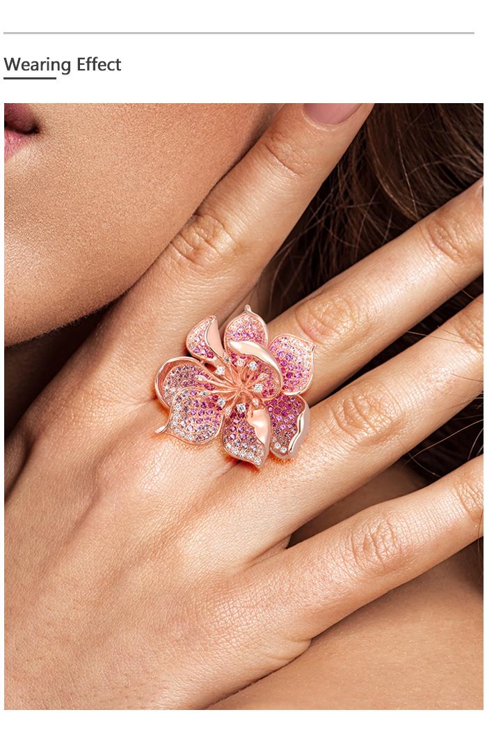 SANTUZZA 925 Silver Created Pink Sapphire White Cubic Zirconia Ring Blossom Hibiscus Charming Fashionable Jewelry