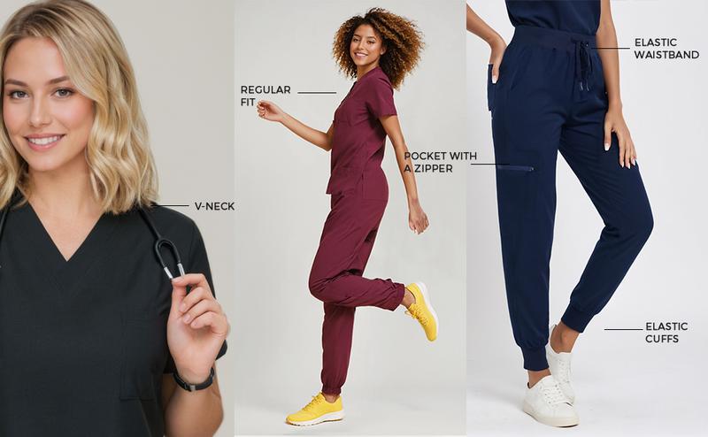 Women's Scrub Set - Flexible V-Neck Top & Jogger Pants Featuring 8 Pockets