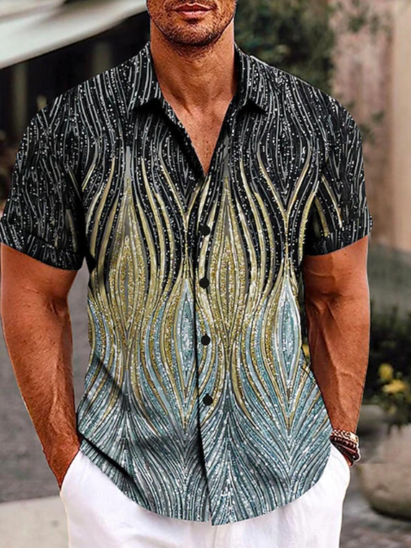 Men's Gradient Wave Gold Foil Print Short Sleeve Shirt, Summer Casual Vacation Style Collar Open Front Jacket, Trendy Unique Floral Blouse