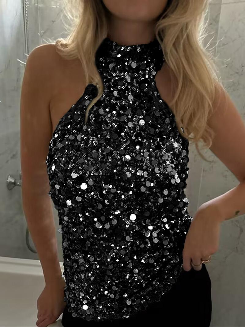 Y2K Women's Sequin Design Halter Top, Elegant Slim-Fitting Backless Vest, Plain Pattern, Perfect for Casual Wear