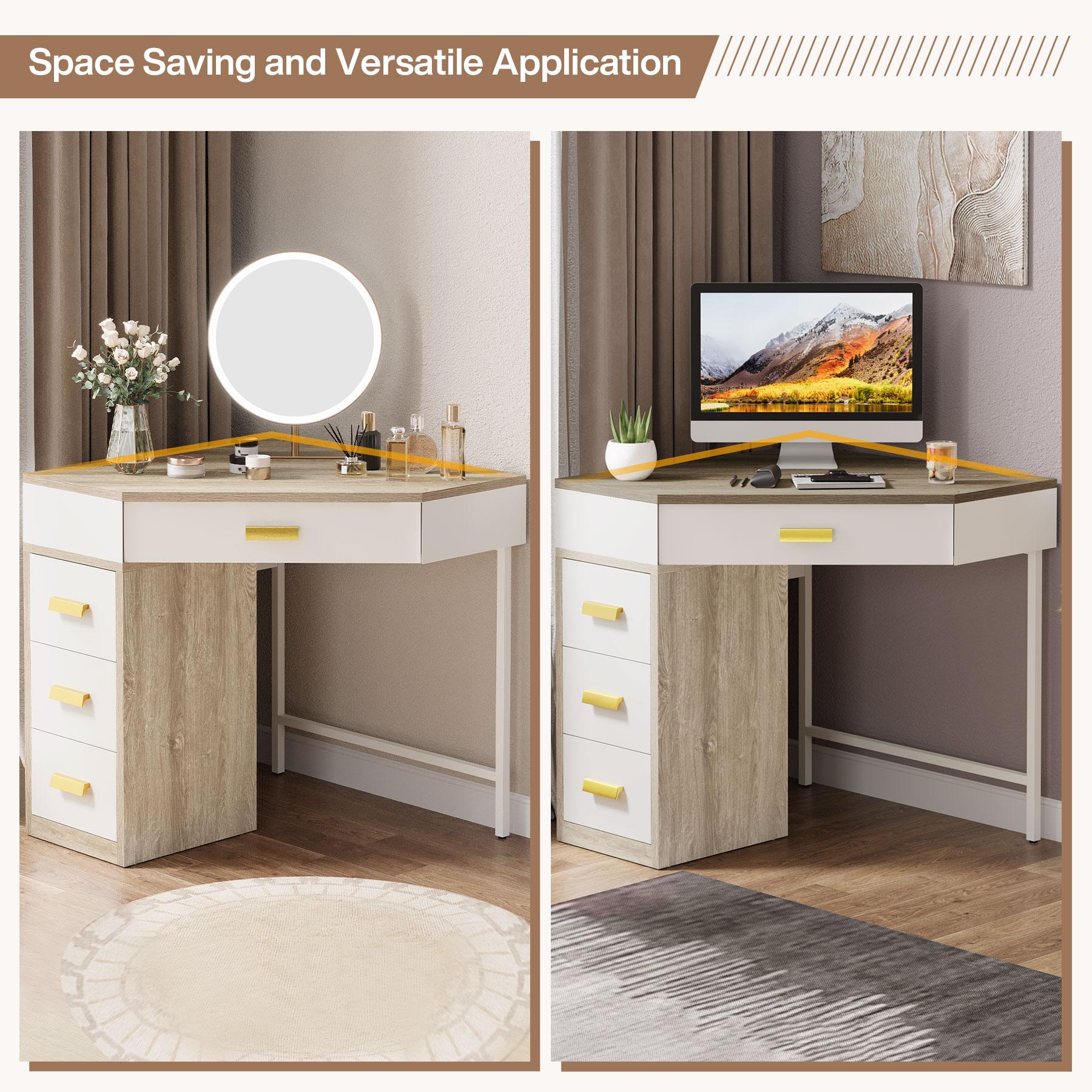 TRIBEWOOD Corner Desk, Triangle Computer Desk with 3 Drawers, 90-Degree Writing Desk PC Table Makeup Vanity Desk with Storage for Home Office, Living Room, Bedroom
