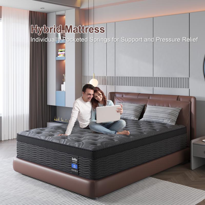 9/12/14 inch Twin Full Queen King  Hybrid Mattress in a Box, Upgrade Individually Pocket Springs, Medium Firm, Pressure Relief, Breathable Comfort and Durable, CertiPUR-US Certified