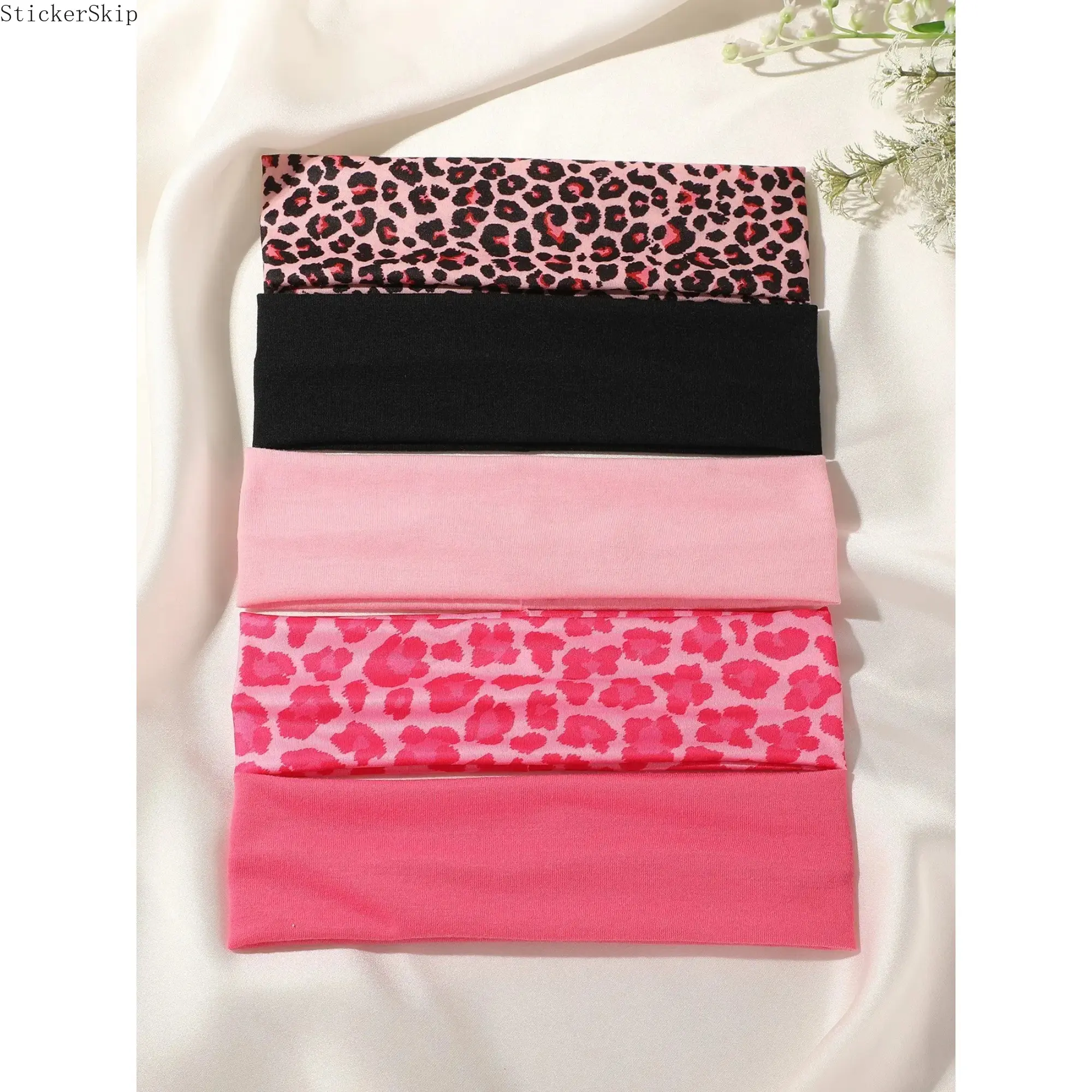 5 Pcs Women’s Leopard Print & Solid Color Sports Headbands, Sweat-Wicking Hair Bands for Fitness, Running & Daily Wear, Non-Slip Sweatbands
