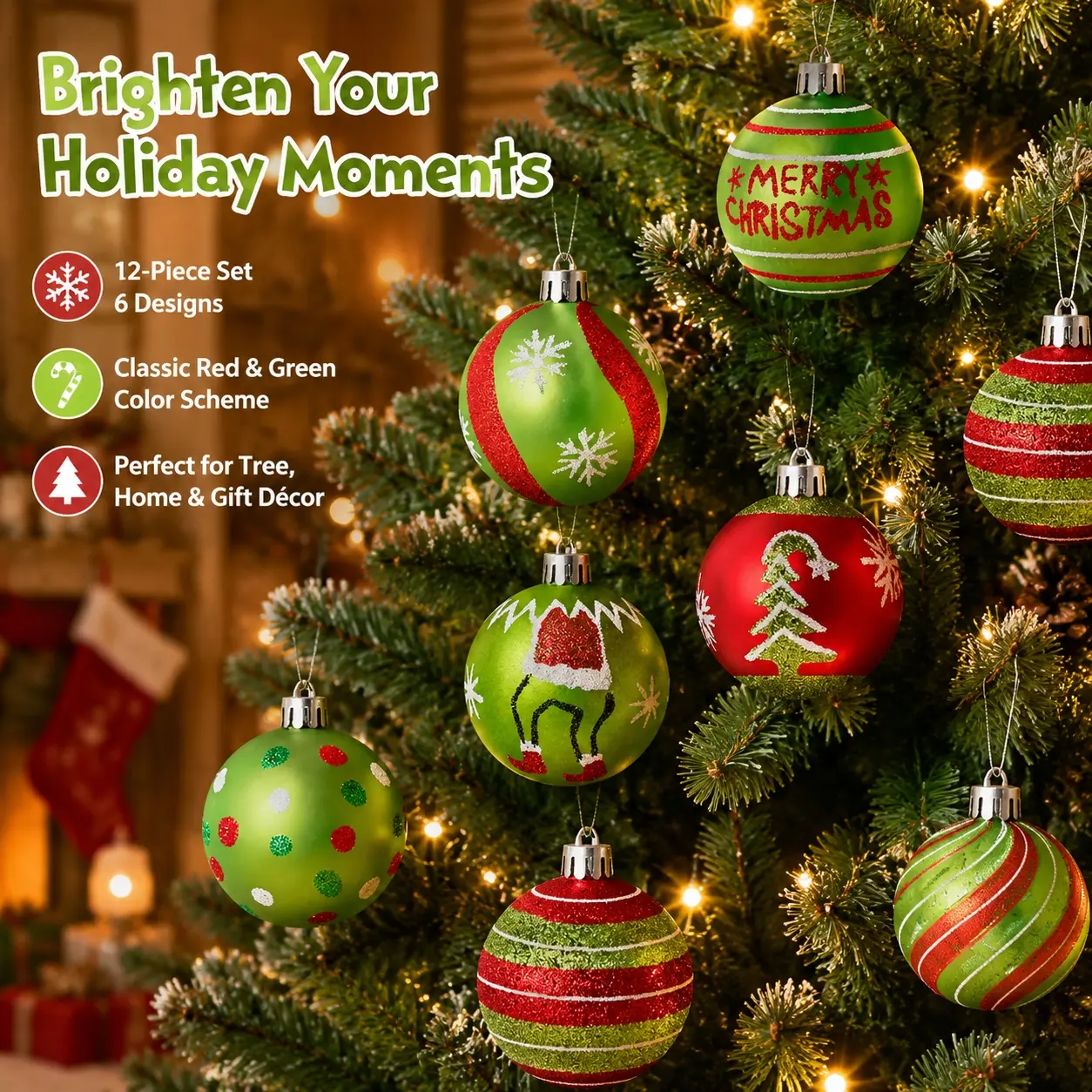 Fun Grinch Christmas Painted Bauble Hanging‑ornament Set, Red‑green Multi‑patterned Tree Balls, Whimsical Holiday Decor for Christmas Tree, Window Display and Party