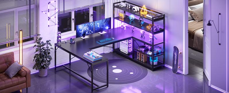 SEDETA 63 Inch Reversible Office Computer Desk L Shaped Gaming Desk with LED Lights Power Outlet 5-tier Storage Shelves Organizer Modern