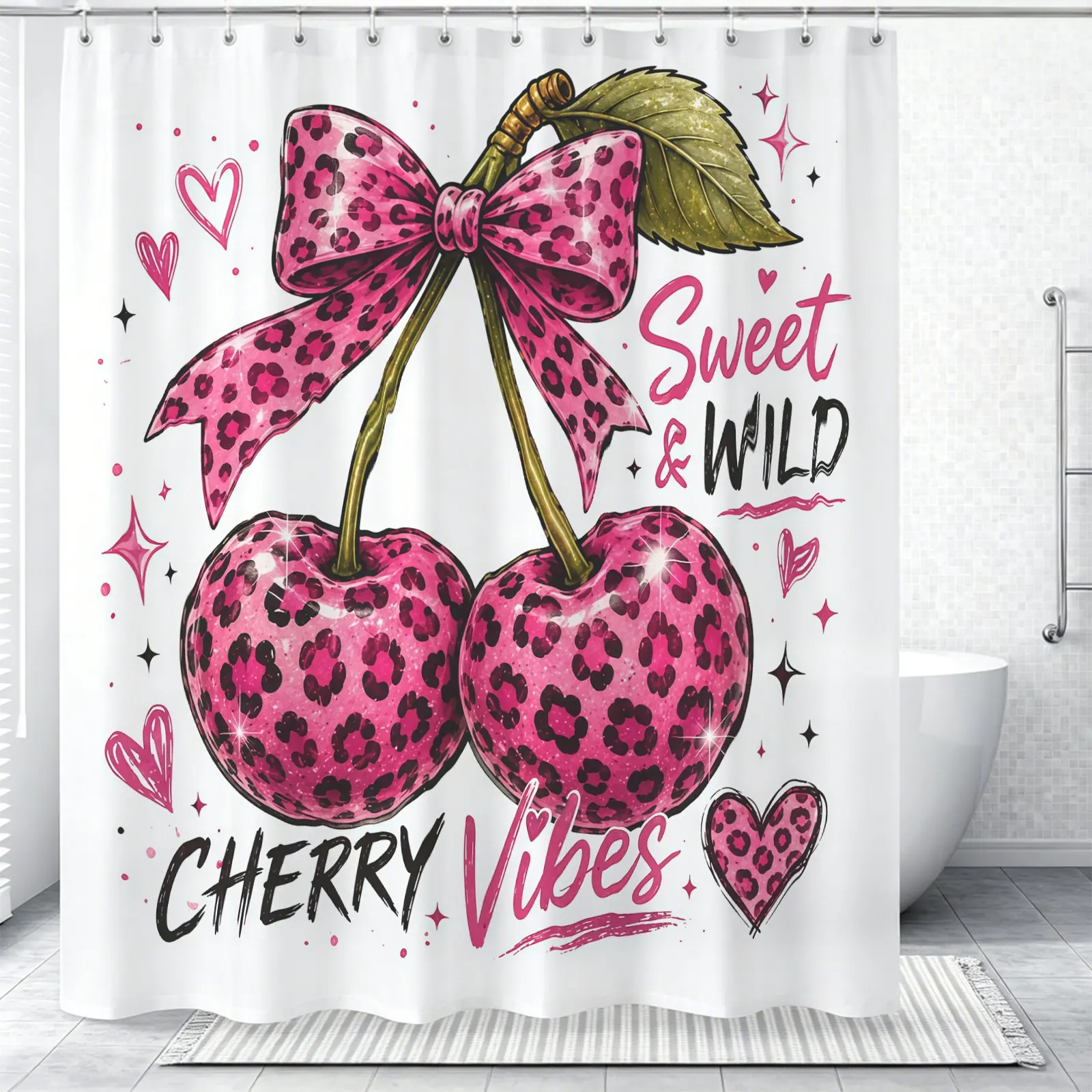 Cherry print pattern shower curtain (with hook), a good home decoration and practical item for home use
