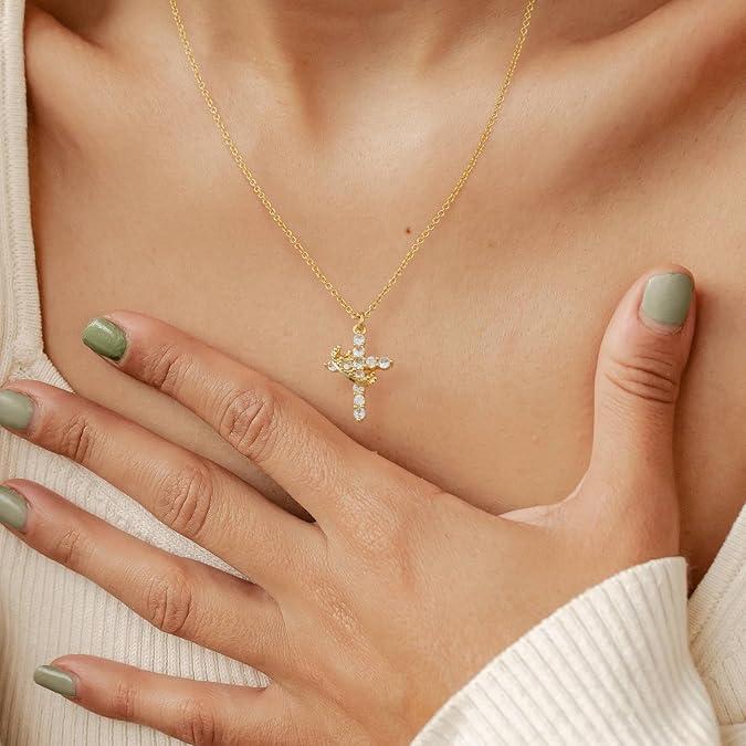 Tewiky 14K Gold Plated Crown Cross Zircon Pendant Necklace for women-Dainty 14k Gold Cubic Zirconia Pendant Necklaces Simple Gold Cross Pendant Necklace For Valentine's Day gifts