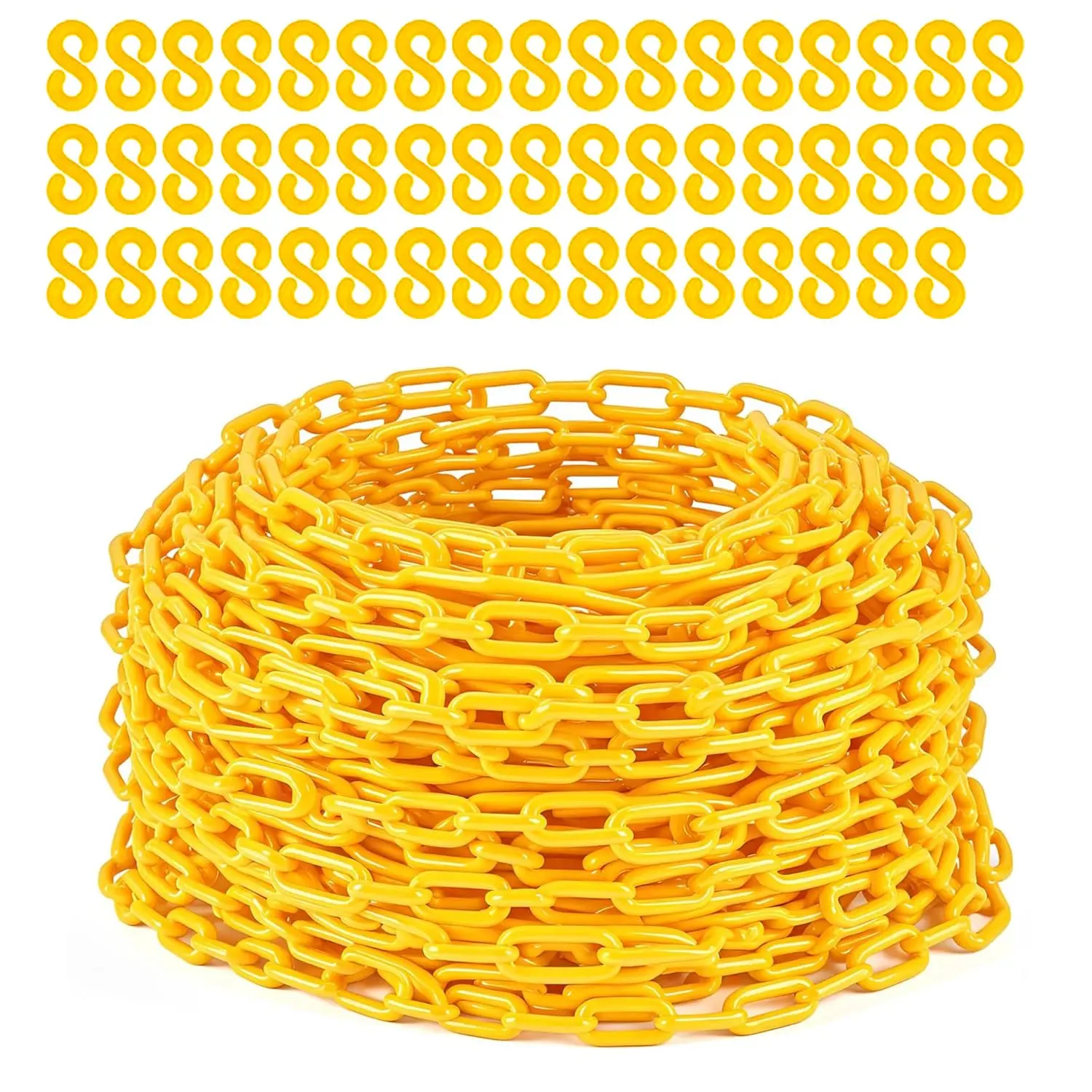 Garvee 240FT Plastic Barrier Chain Yellow, 6MM Thick Safety Chain with 1.5-Inch Links, UV Resistant Plastic Chain with 50 Hooks for Crowd Control, Parking Lots, Driveways, Construction & Queue Lines