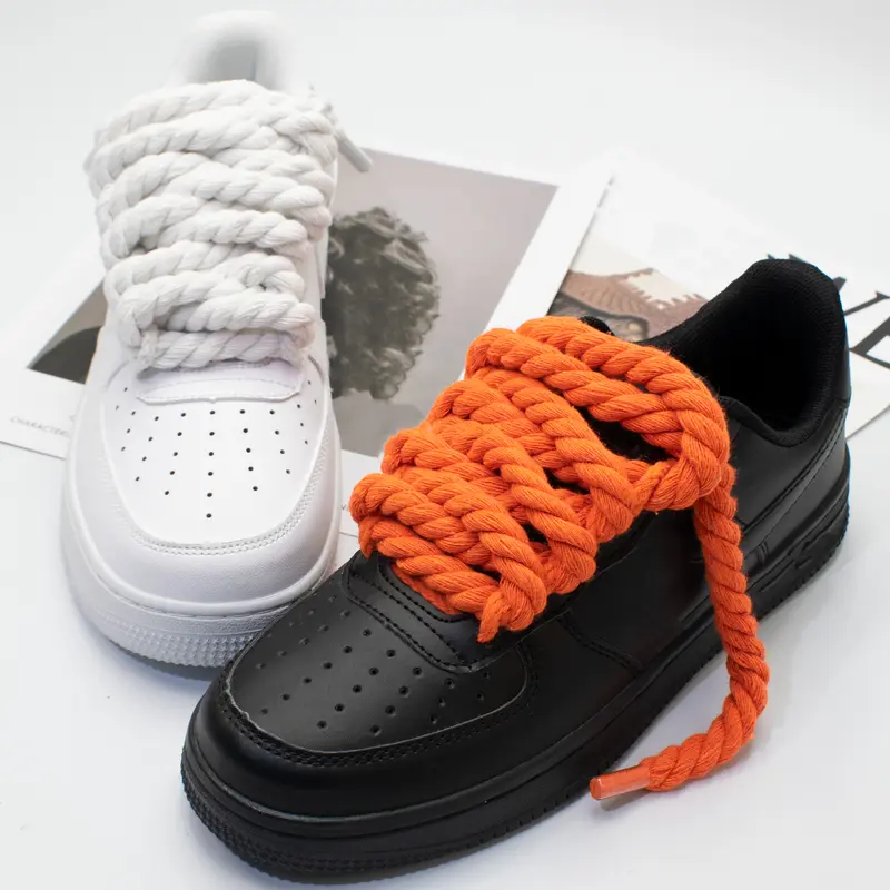 Hand-Woven Hemp-Polyester Rope Shoelaces, 2 Pairs Round Thick Shoe Accessories, 8mm/5mm Thickness, Laces for Sneakers