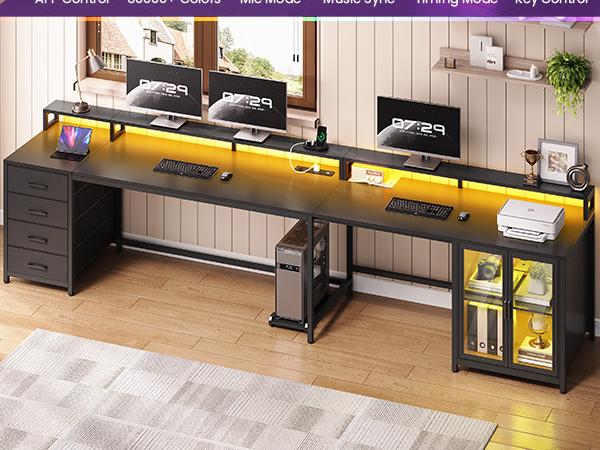 SEDETA L Shaped Gaming Desk with 4 Drawers, 109” Computer Desk with Display Cabinet, Home Office Desks with 2 Monitor Stands, CPU Stand, LED Lights and Power Outlet