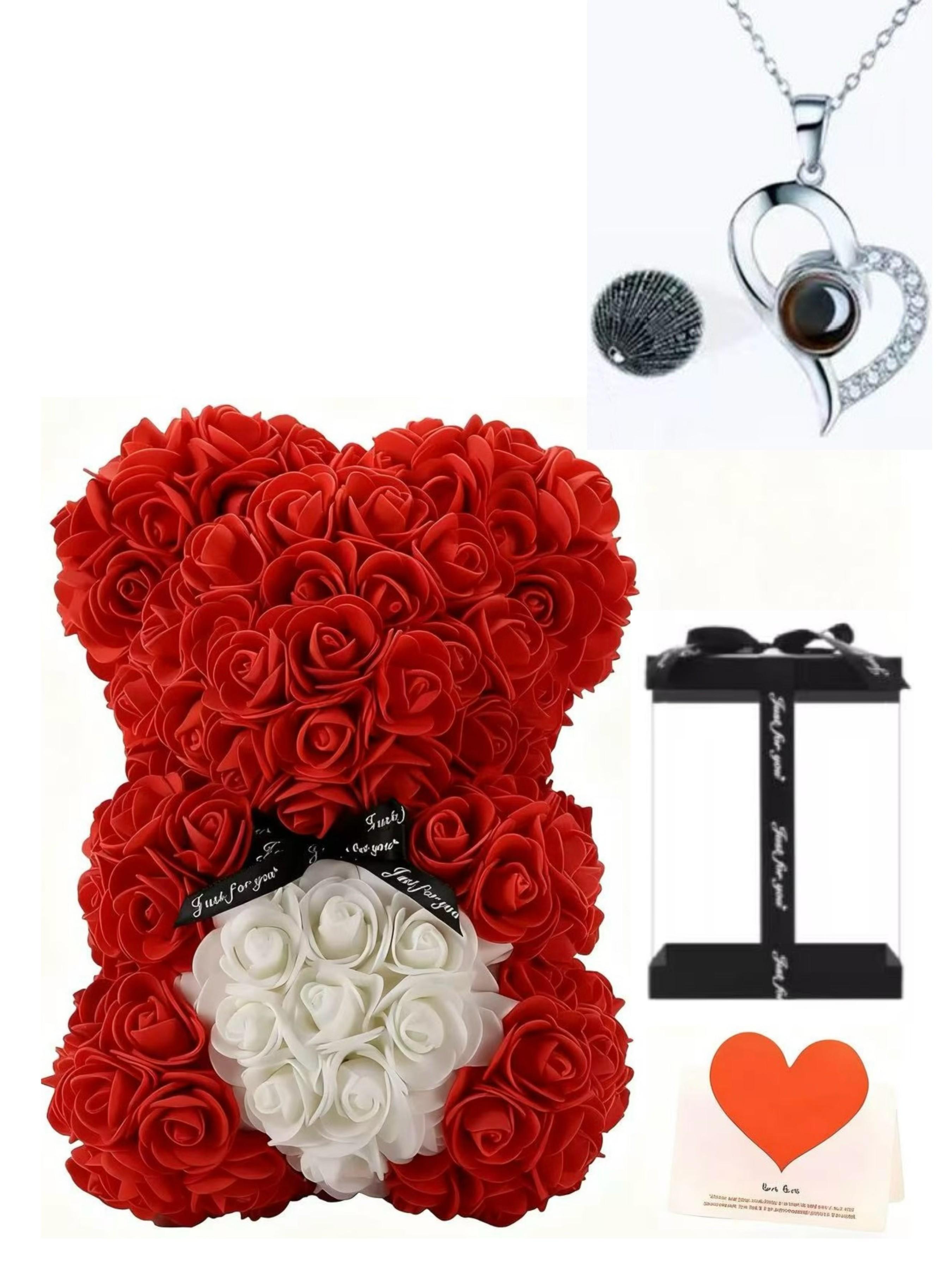 100 Languages Projection Necklace, Rose Flower Bear Birthday Gift Box, Blessing Message Card, Perfect Present for Special Occasions