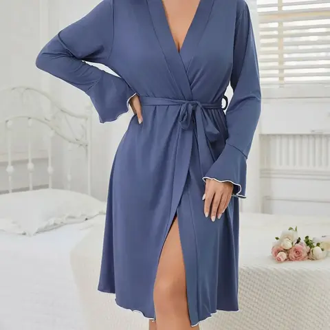 Women's Casual Flare Sleeve Long Sleeve Tie Waist Robe, Home Bathrobes, Comfortable Feminine Sexy Lady Style, Fitted Sleepwear Loungewear for Everyday Wear, Gowns, House Gowns