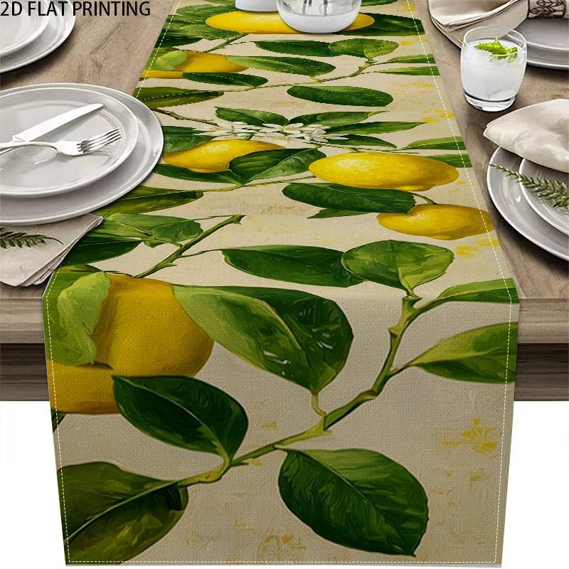 2D flat printing, 5-piece/7-piece watercolor lemon table flag placemat set, with green leaves for summer tabletop decoration and holiday kitchen table decoration, suitable for home gatherings, indoor decoration, and home decor