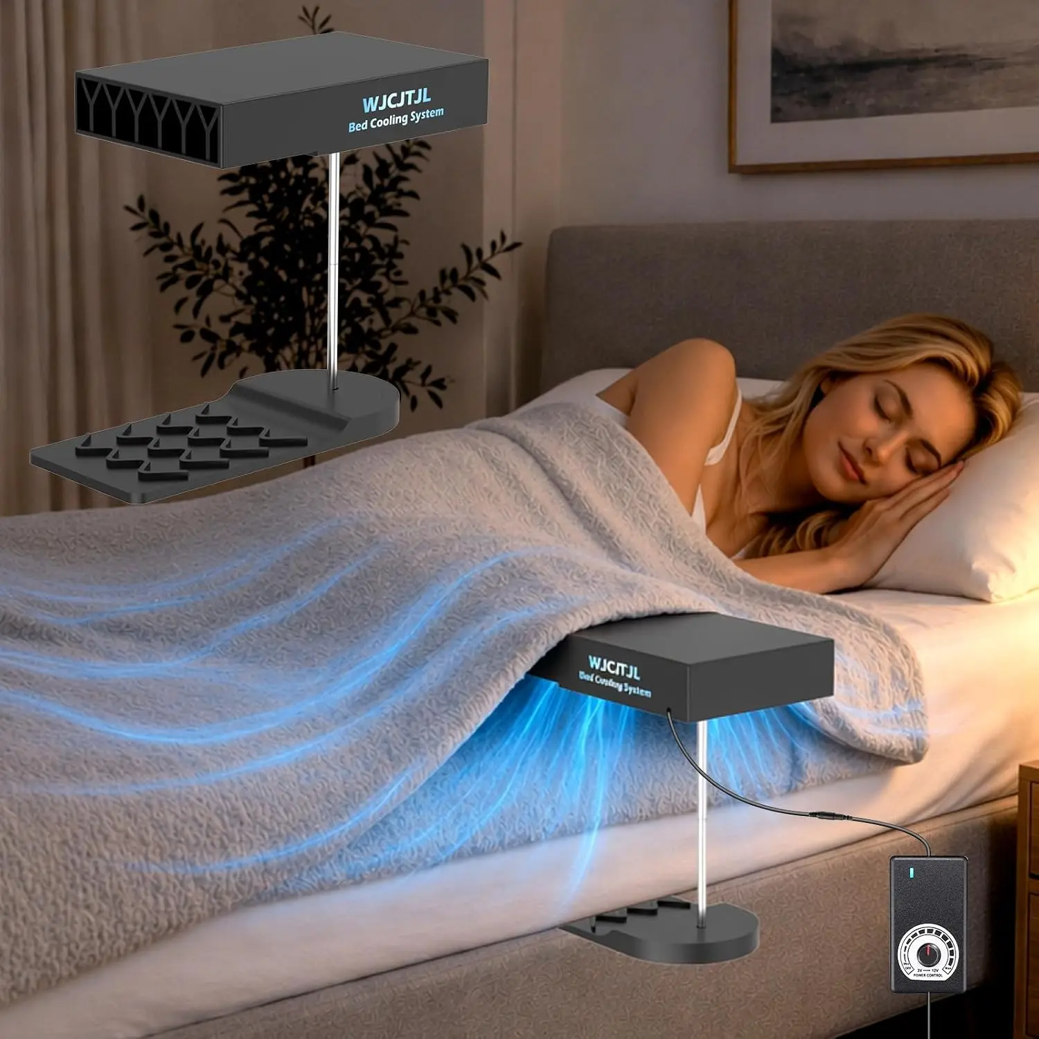 Bed Fan Under Sheets, Bed Cooling System with Adjustable Fan Speed (Black)