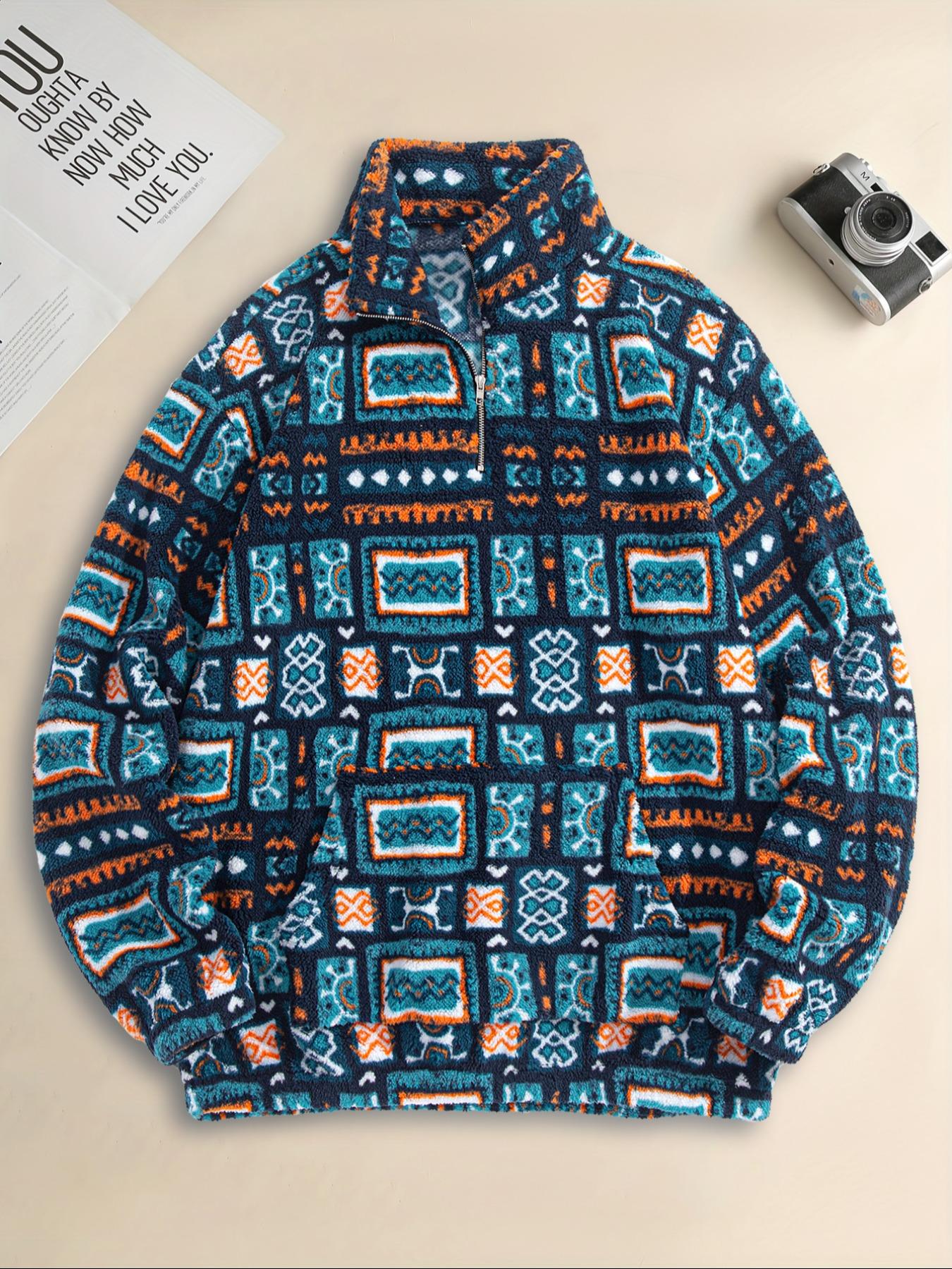 Men's Fleece Half-Zip Sweatshirt, Fall Winter Warm Casual Ethnic Long Sleeve Top, Comfortable Stylish Wear