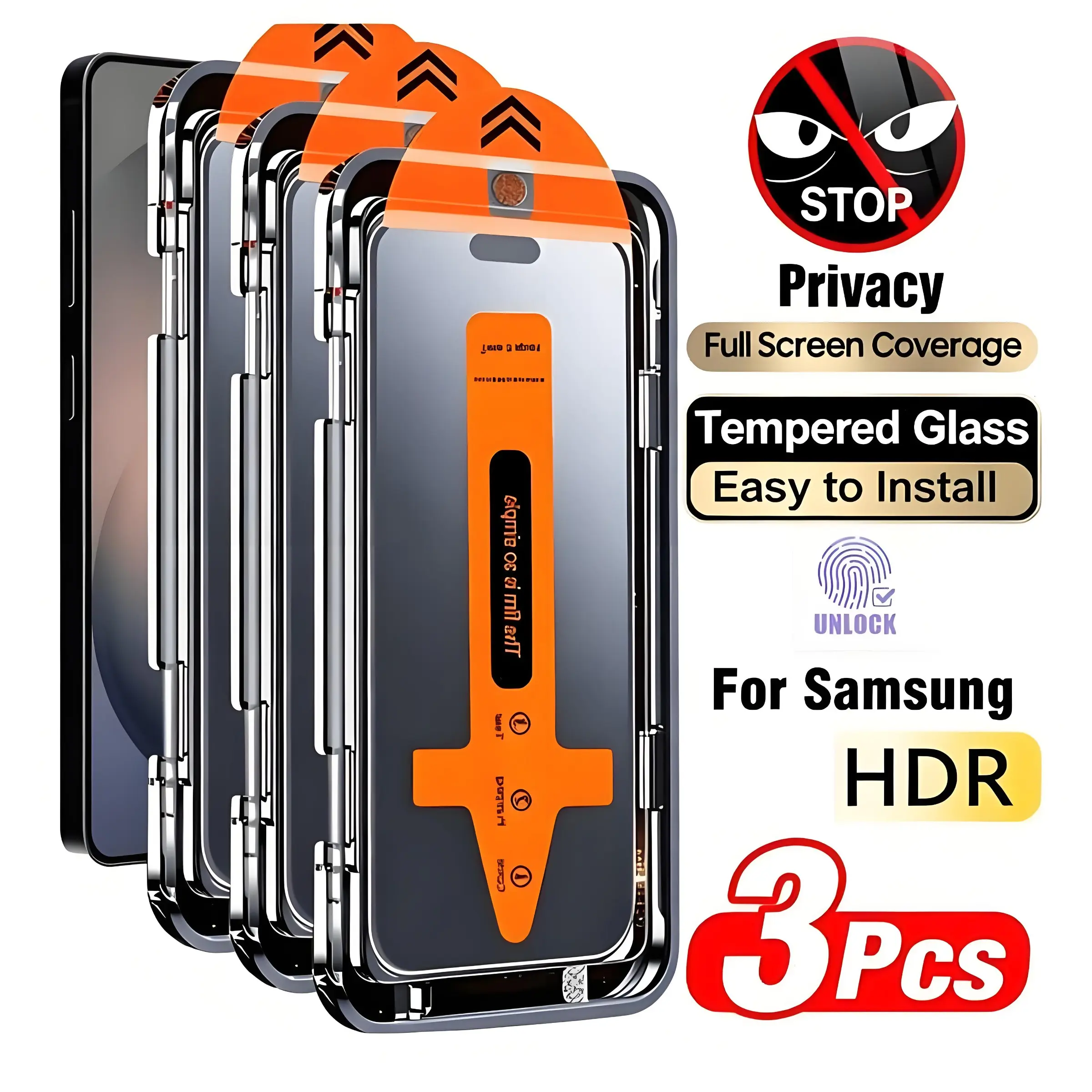 3-Pack Privacy Screen Protector for Samsung Galaxy S25 Ultra S25 Plus S25 S24 Plus S24 S23 S26 S26 Plus S22 S21 , Tempered Glass, Fast Unlock Fingerprint, Anti-Scratch, Gift Idea