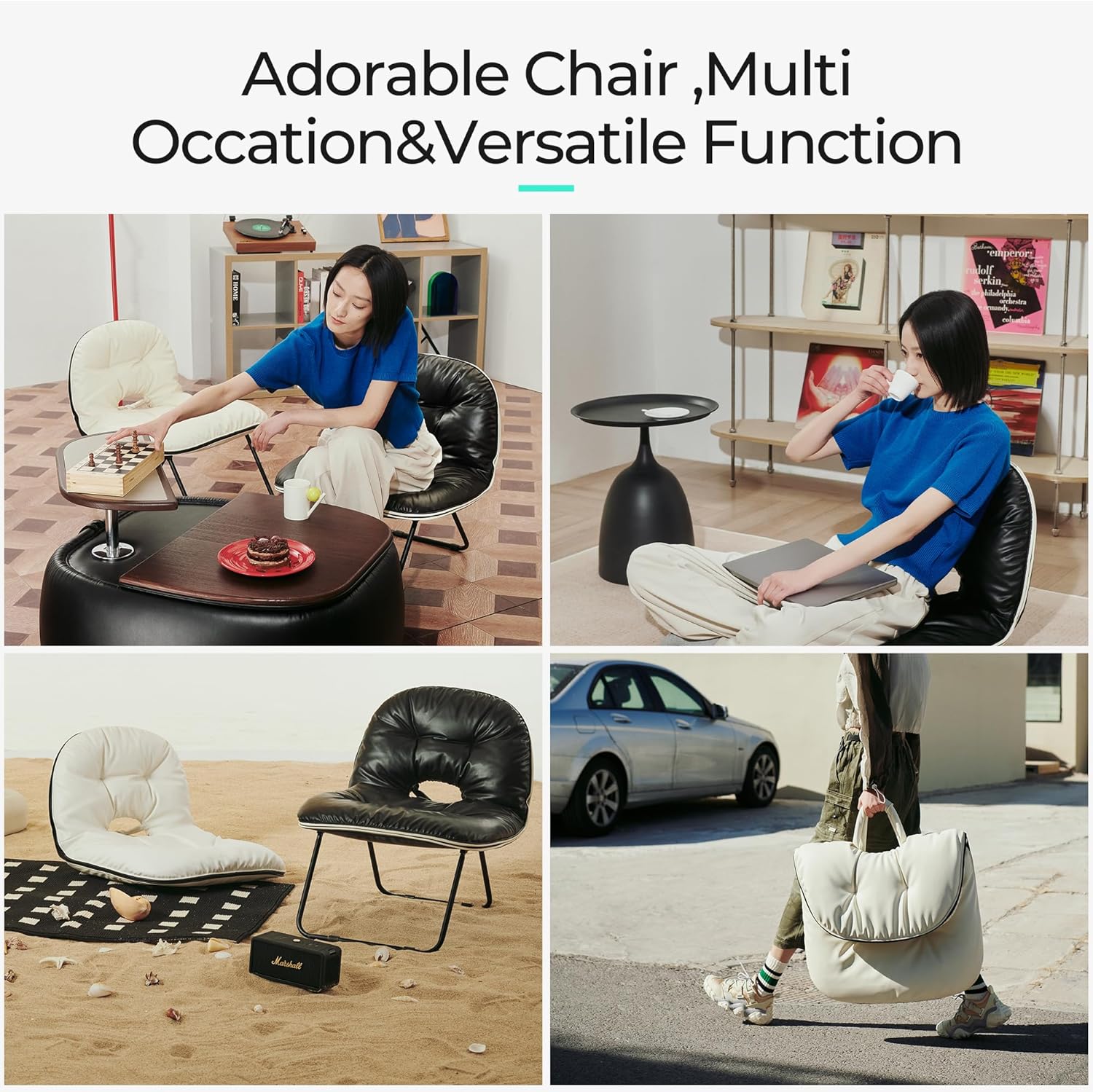 [Dealsforyoudays]Folding Faux Leather Accent Chair - Waterproof Easy Clean Foldable Comfy Reading Chair for Living Room Bedroom - Portable Chair for Balcony Garden Picnic, Metal Frame