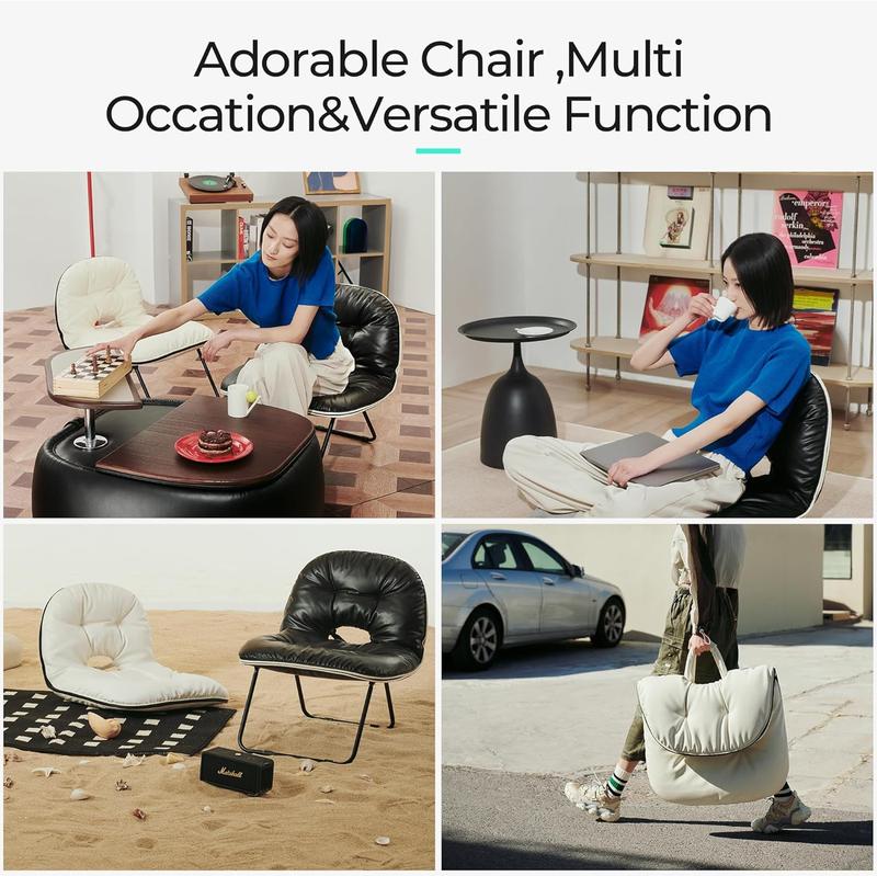 [Dealsforyoudays]Folding Faux Leather Accent Chair - Waterproof Easy Clean Foldable Comfy Reading Chair for Living Room Bedroom - Portable Chair for Balcony Garden Picnic, Metal Frame