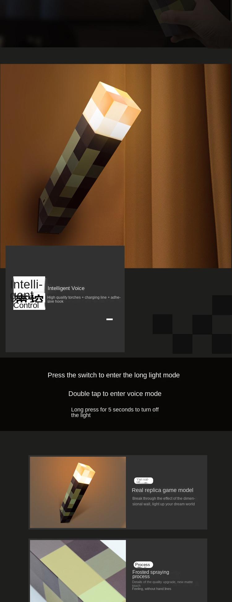 Upgraded Light-up Wall Torch - Pixel Brownstone Torch Lamp - USB Pluggable Night Lamp - Hand Held or Wall Mount Lighting Torch