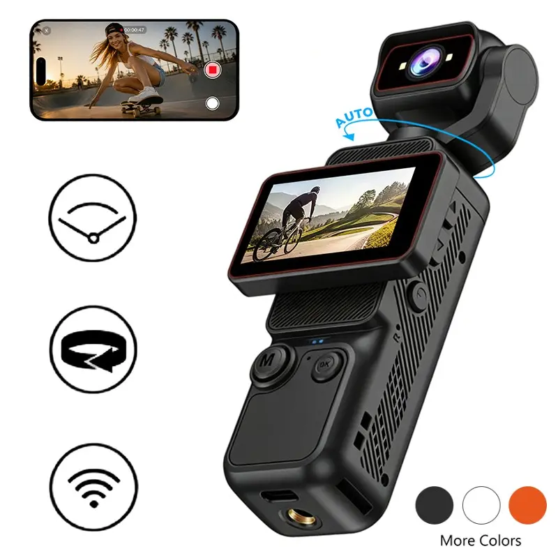 Portable HD Gimbal Camera, Pocket Vlog Camera, Vlogging Camera with Auto Rotating Lens, Smooth Stabilized Video, WiFi Connection, 6X Zoom, Type-C Charging Camera for Travel, Camping & Content Creation