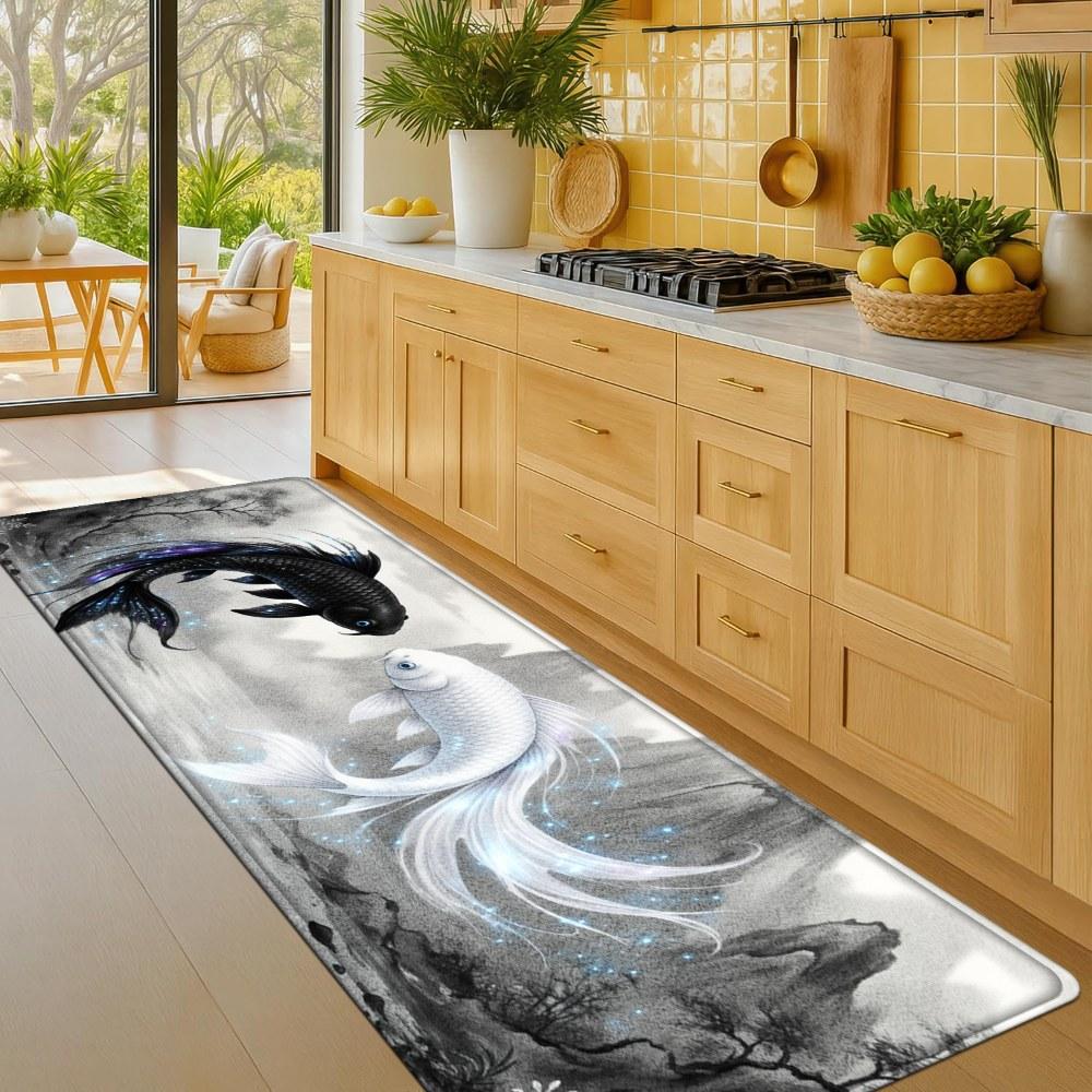 1PC， Black and White Double Fish in Ink - Wash Style Patterned strip rugs, home décor, bathroom mats, entryway mats, bathroom non-slip mats, indoor entrance rugs, bedroom bedside mats, kitchen mats, hallway rugs, flannel sponge rugs, hallway runner rugs