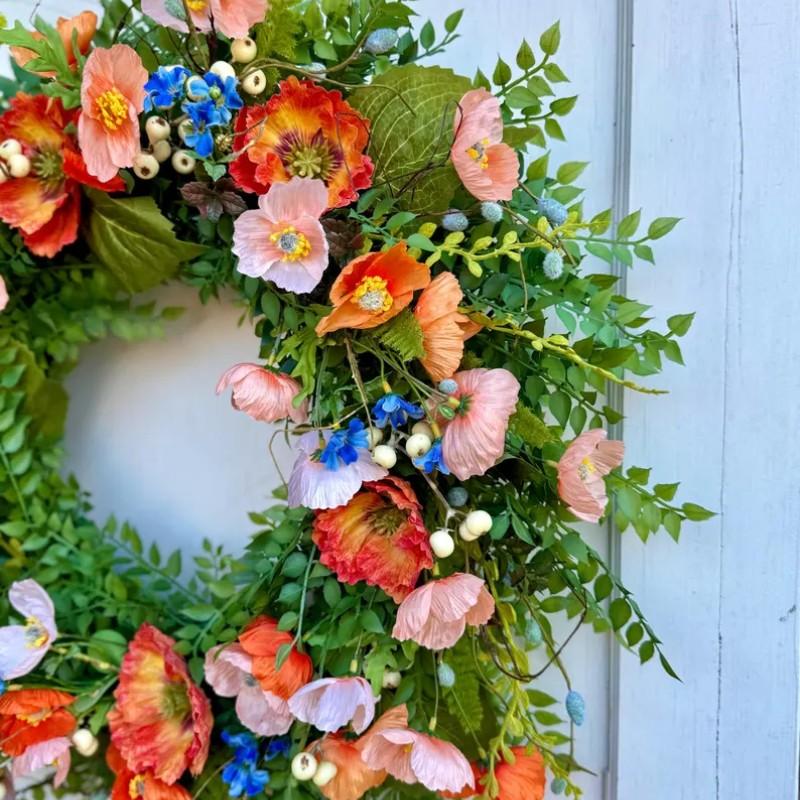 Summer Poppy Flower Ring, Realistic Poppy Front Door Wreath, Handmade Home Porch Party Decoration, Plastic Material, Daily Use
