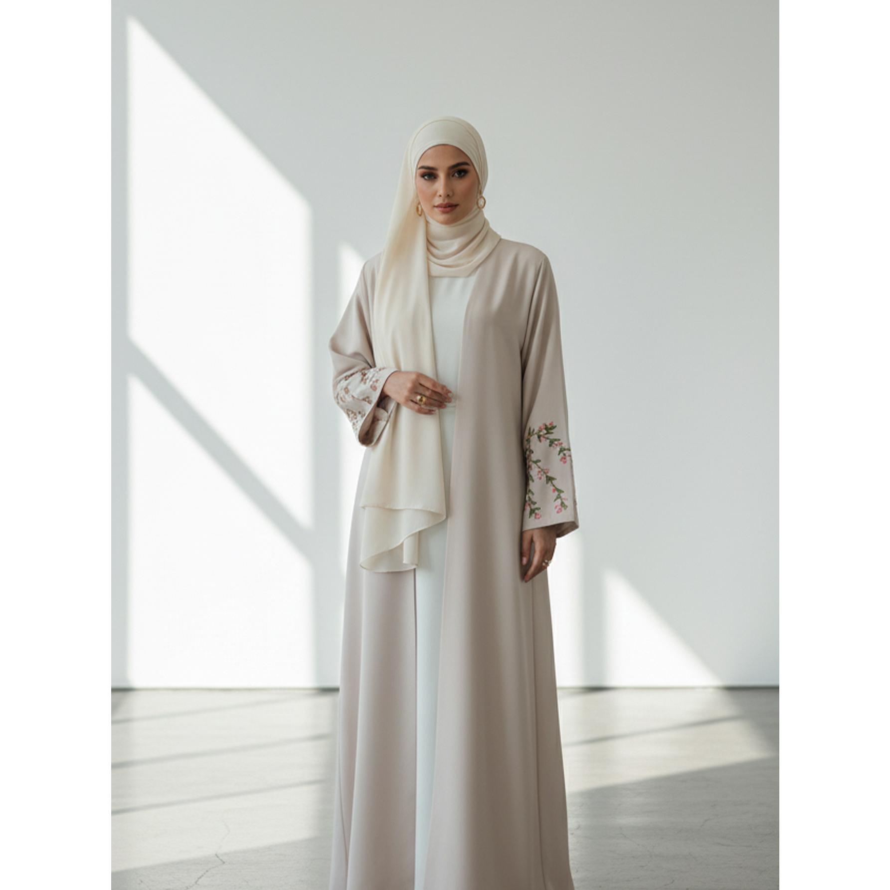 Elegant Beige Floral Embroidered Open Abaya Modest Kimono Gown | One Size Fits All S-2XL | Perfect for Ramadan, Eid, Resort Wear & Daily Chic