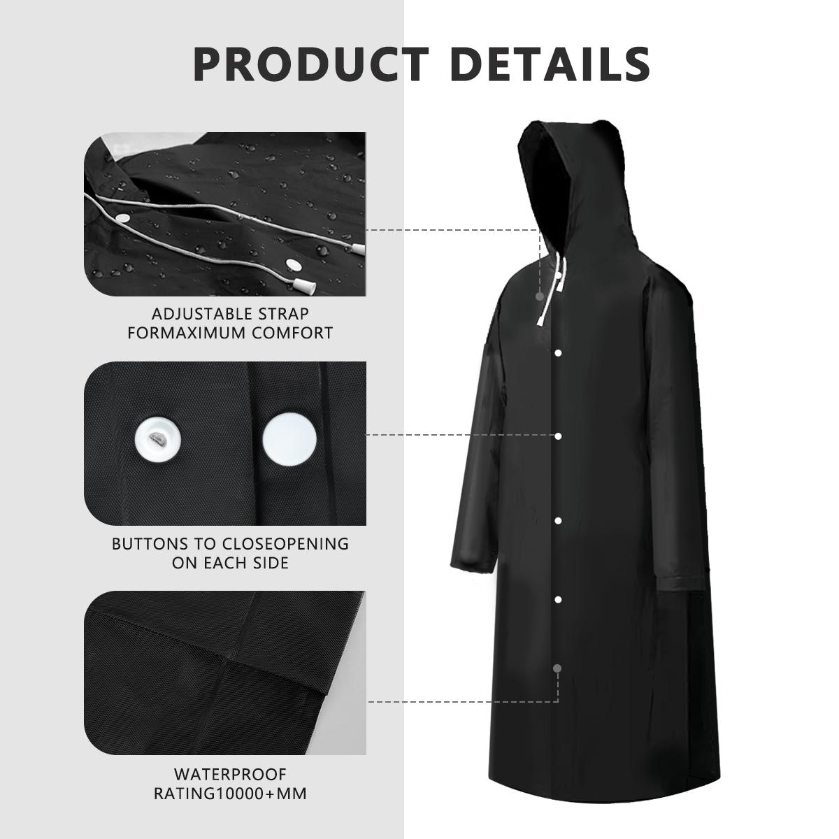 Adult Black Waterproof Shell Raincoat - Single-Pack, Adjustable Hat, Long-Length, Rainproof, Windproof Fabric Calms Breezy Hikes, Fold-Pack Light, All Seasons, Stay Dry for Camping Hiking Activities