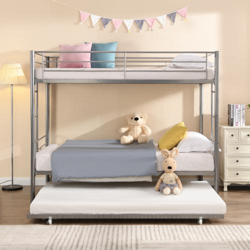 [Bellemave]Over Twin Bunk Bed Frame with Trundle,Metal Bunkbed with Sturdy Guard Rail and 2 sideLadders Adults,Can be Divided Into Two Beds, No Box Spring Needed, Noise Free for Dorm,Black