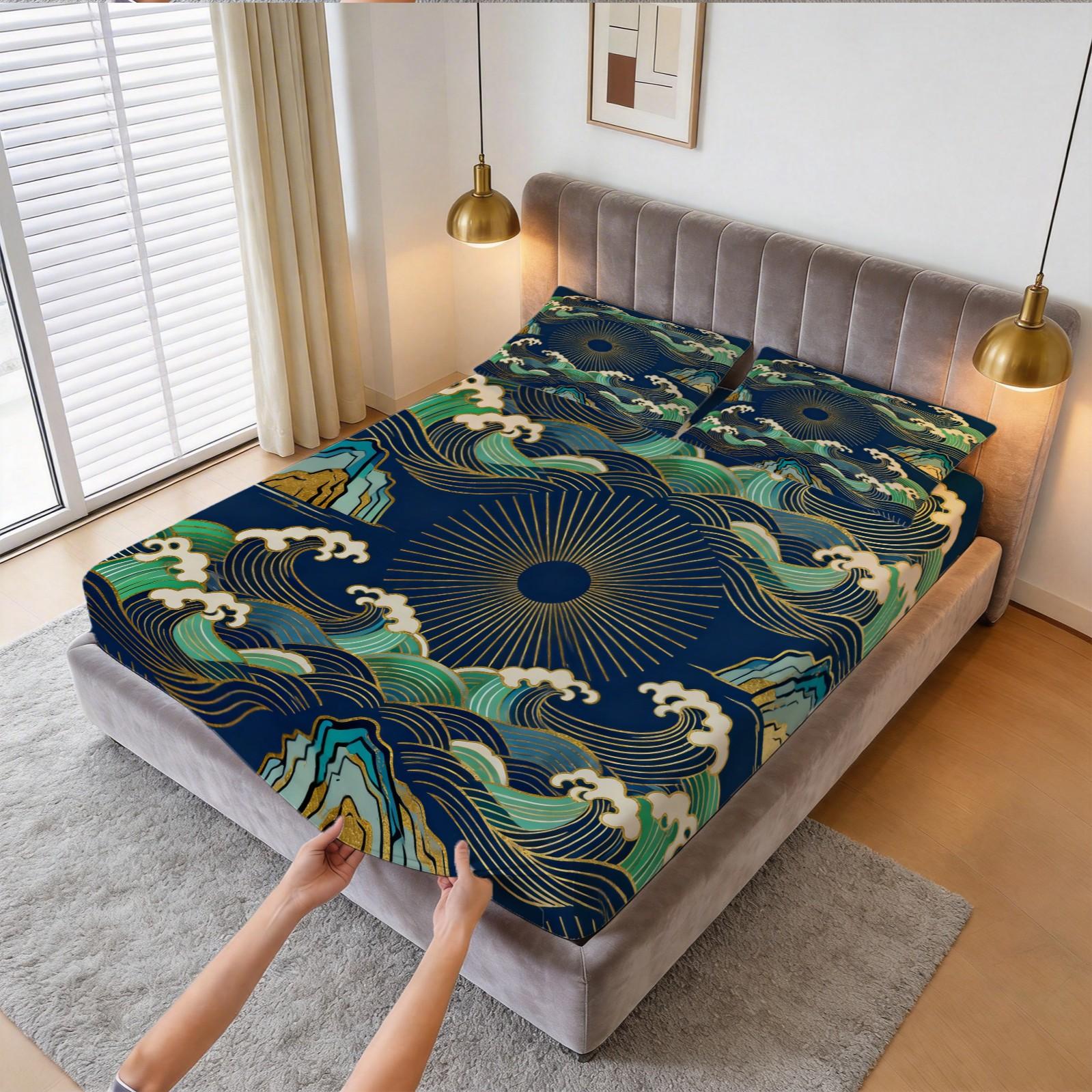 3 Piece Japanese Wave Sun Fitted Sheet Set, Navy Blue Gold Foil Great Wave HD Digital Print Bedding Set, Soft Breathable Deep Pocket Bed Sheet for Bedroom & Dorm, Machine Washable (Insert Not Included)