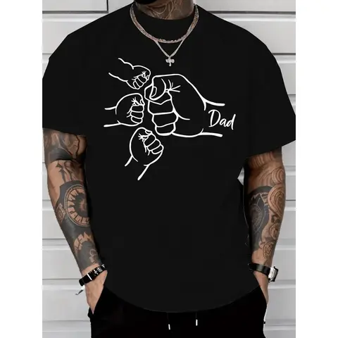 Men's 100% Cotton Dad Fist Bump 3-Person T-Shirt - Black Menswear Short Sleeve Top, Casual Wear, All-Seasons, Fade-Resistant Print, Father's Day Ideal