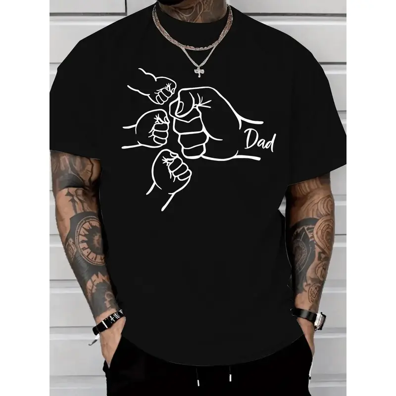 Men's 100% Cotton Dad Fist Bump 3-Person T-Shirt - Black Menswear Short Sleeve Top, Casual Wear, All-Seasons, Fade-Resistant Print, Father's Day Ideal