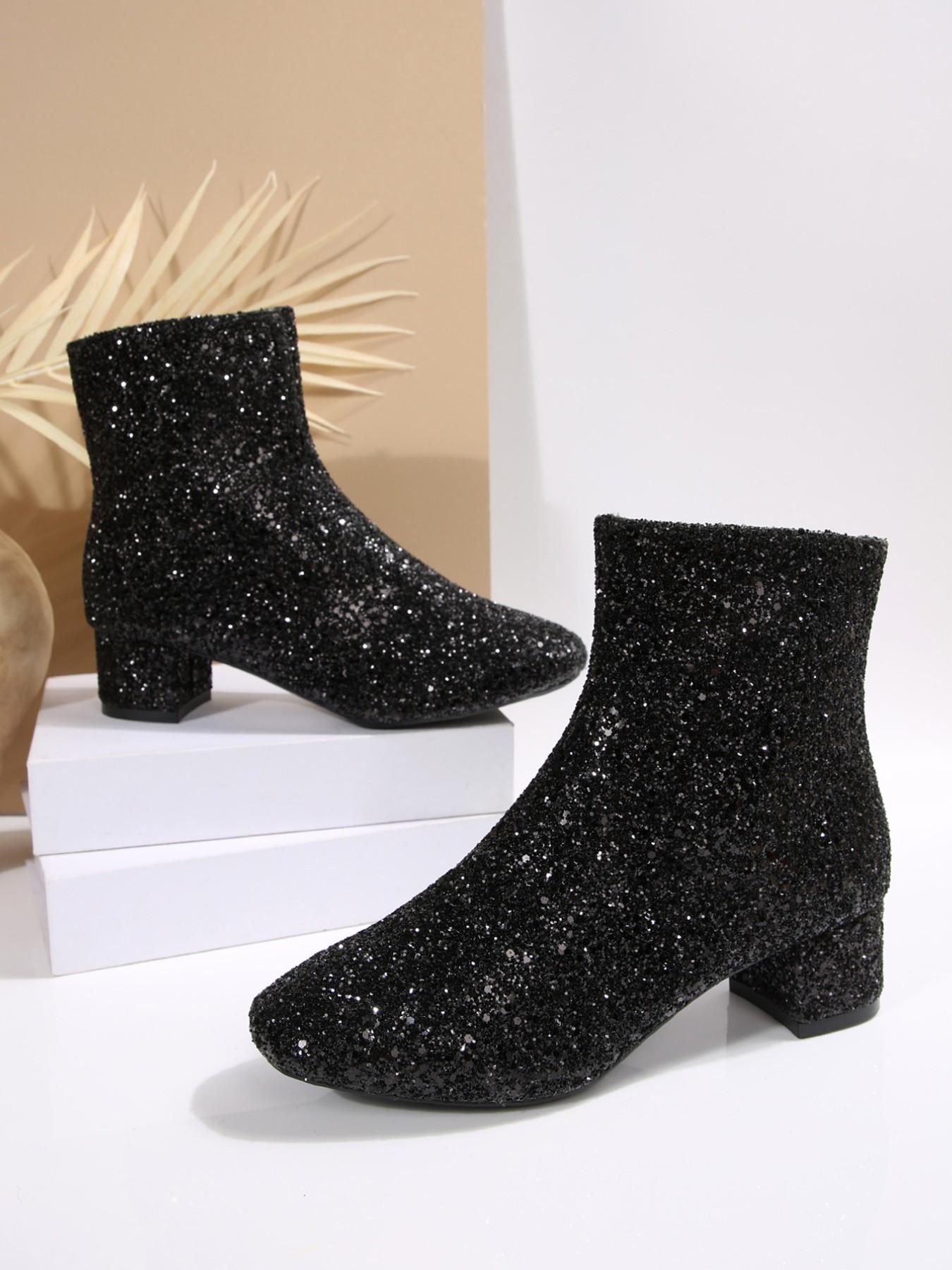 2026 New Sequined Chunky Heel Short Boots, Fashion Boots with Full Sequins, Zipper Design for Easy Wear, Perfect for Parties and Dates