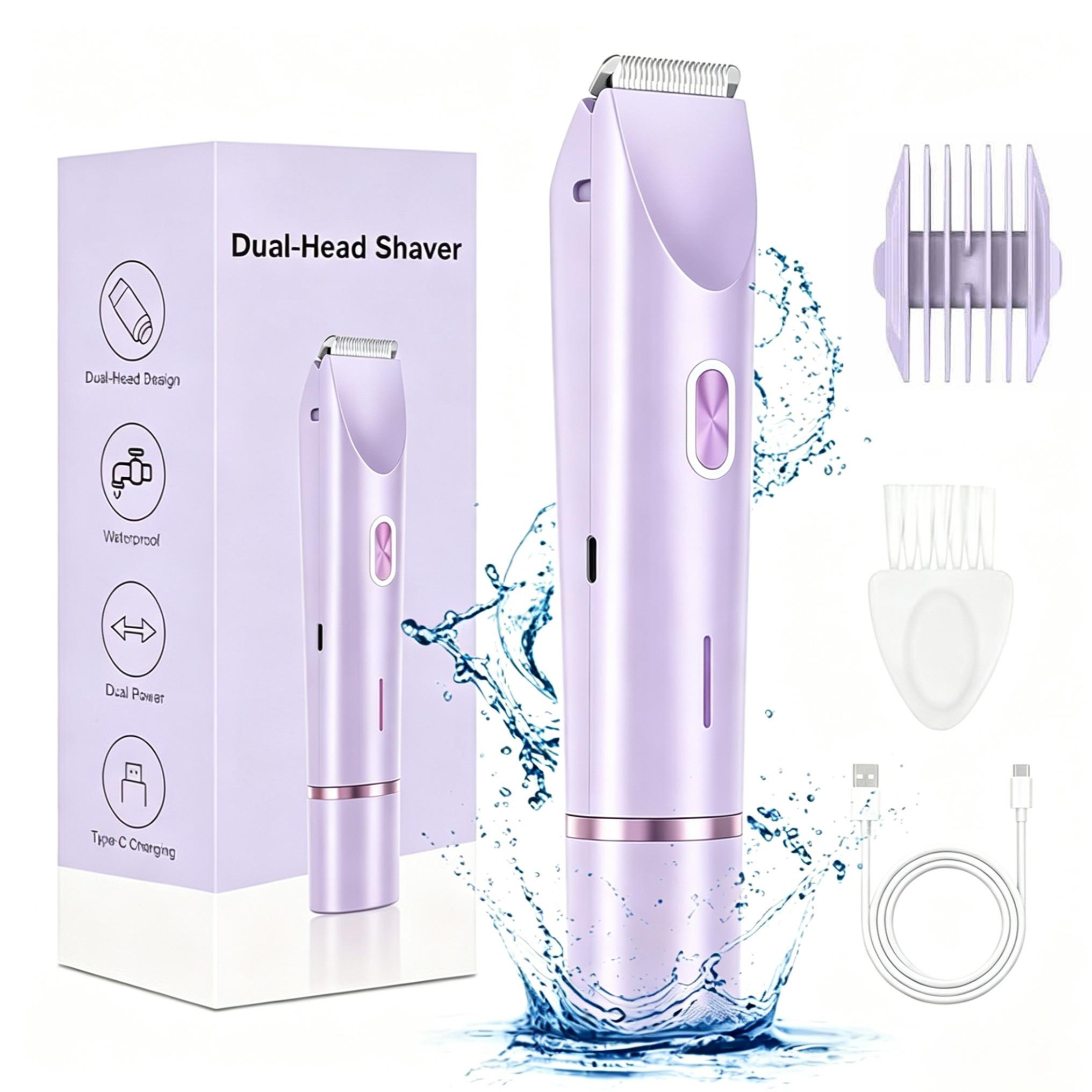2-in-1 Bikini Trimmer for Women, Cordless Charging Trimmer, Wireless Hair Trimmer, Electric Shaver and Razor Rechargeable Body and Facial Epilator, Dual Heads for Painless Trimming of Pubic Hair and Legs, IPX7 Waterproof, Christmas Gift New Year Gift