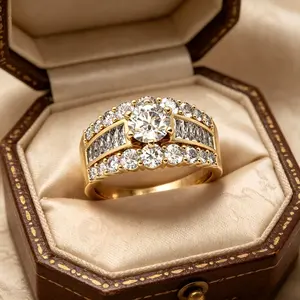Sparkling Women's Engagement Moissanite Ring - Brilliant Luxury Gold Half-Circle Micro Pave Design - Elegant Wedding Banquet Anniversary Gift