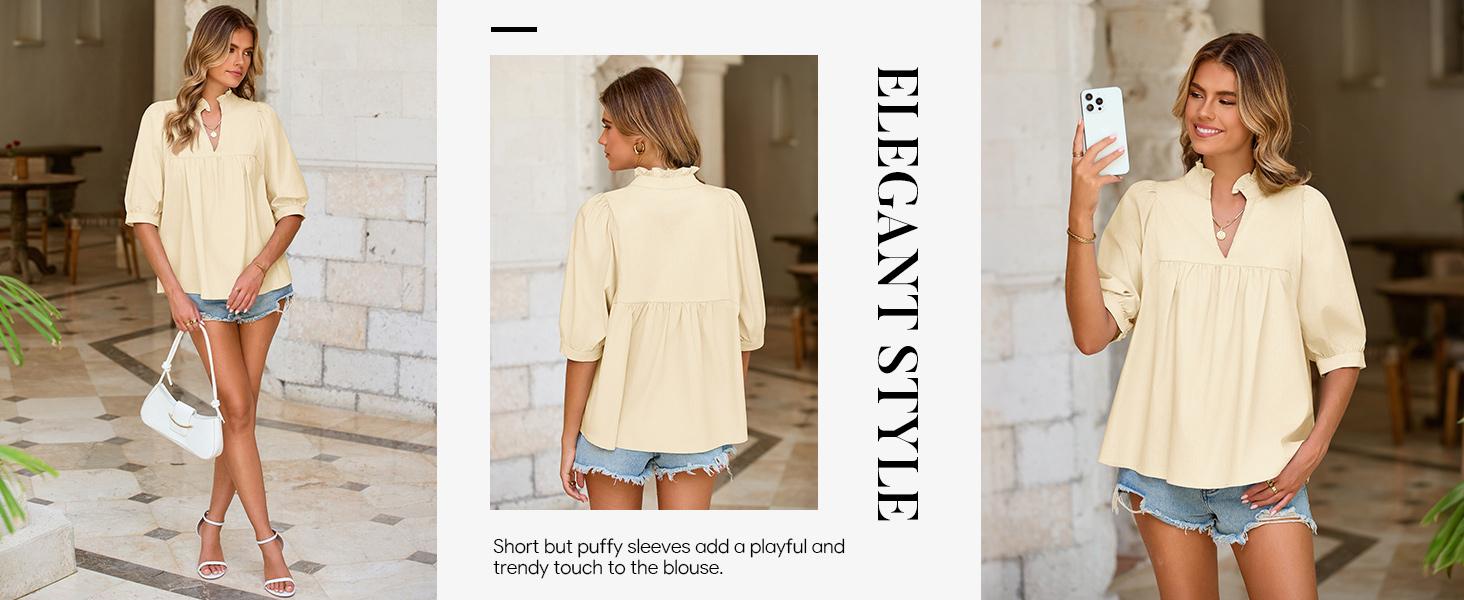 Cicy Bell Womens V Neck Puff Sleeve Blouse Babydoll Peplum Tops Dressy Casual Pleated Loose Fit Shirts Cicy Bell Womens V Neck Puff Sleeve Blouse Babydoll Peplum Tops Dressy Casual Pleated Loose Fit Shirts