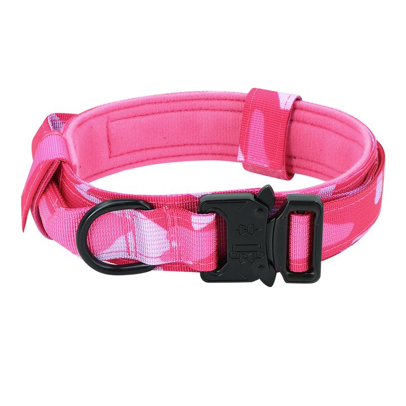 Pink Camo Tactical Dog Collar with Handle – Adjustable Heavy Duty Military Collar with 2 Patches, Perfect for Training – Fits Large & Small Dogs