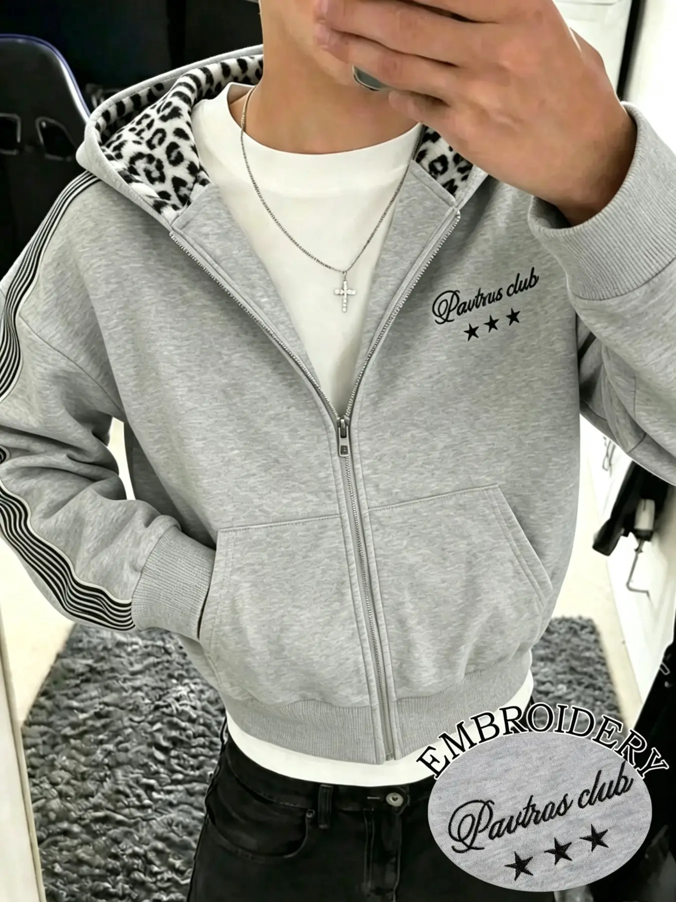 Men's Thick Soft Fleece Lined Short Zipper Hoodie, Loose Street Style Top, Casual Streetwear Hoodies, Leopard Print Hood, Pavtras Club Embroidery, Spring Fall Casual Outerwear